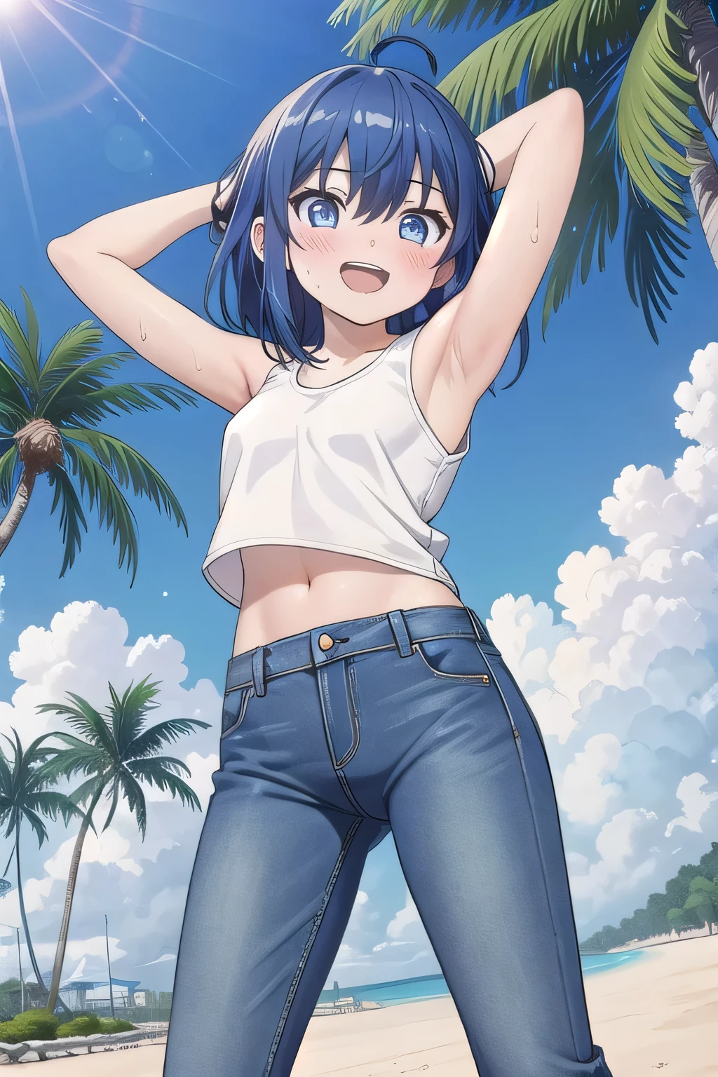masterpiece,best quality,ultra detail, Perfect Face, Perfect Arms, Perfect hands, Perfect Fingers, 1girl, , peti ((round face, ecstasy, orgasm face, drooping eyes, shame smiling, blush)), dropping eyes, sleepy, background((under the beach, (day:1.2), palm tree, bright sky)), Yanami anna, ahoge,medium hair,blue hair,sidelocks,blunt bangs,blue eyes, hair between eyes,parted bangs, blue eyes, arms behind head, contrapposto, spread armpits, looking at viewer,, (white tank top:1.2), (white crop top:1.2), (jeans pants:1.2, flares jeans:1.2, skinny jeans:1.2, blue jeans:1.2), standing, (legs spread:1.2), sex pose, Sweaty crotch, Steam from the crotch, from below, full medium body