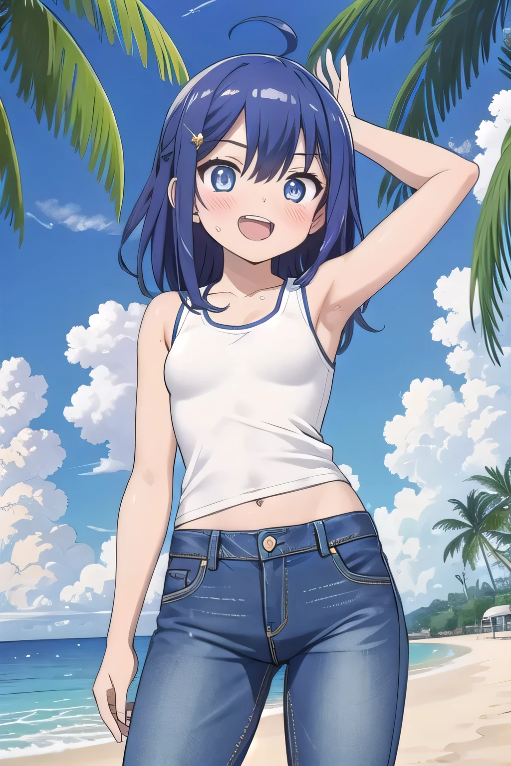 masterpiece,best quality,ultra detail, Perfect Face, Perfect Arms, Perfect hands, Perfect Fingers, 1girl, 14yo, petite, ((round face, ecstasy, orgasm face, drooping eyes, shame smiling, blush)), dropping eyes, sleepy, background((under the beach, (day:1.2), palm tree, bright sky)), Yanami anna, ahoge,long hair,blue hair,sidelocks,blunt bangs,blue eyes, hair between eyes,parted bangs, blue eyes, arms behind head, contrapposto, spread armpits, looking at viewer,, (white tank top:1.2), (white crop top:1.2), (jeans pants:1.2, flares jeans:1.2, skinny jeans:1.2, blue jeans:1.2), standing, (legs spread:1.2), sex pose, Sweaty crotch, Steam from the crotch, from below, full medium body