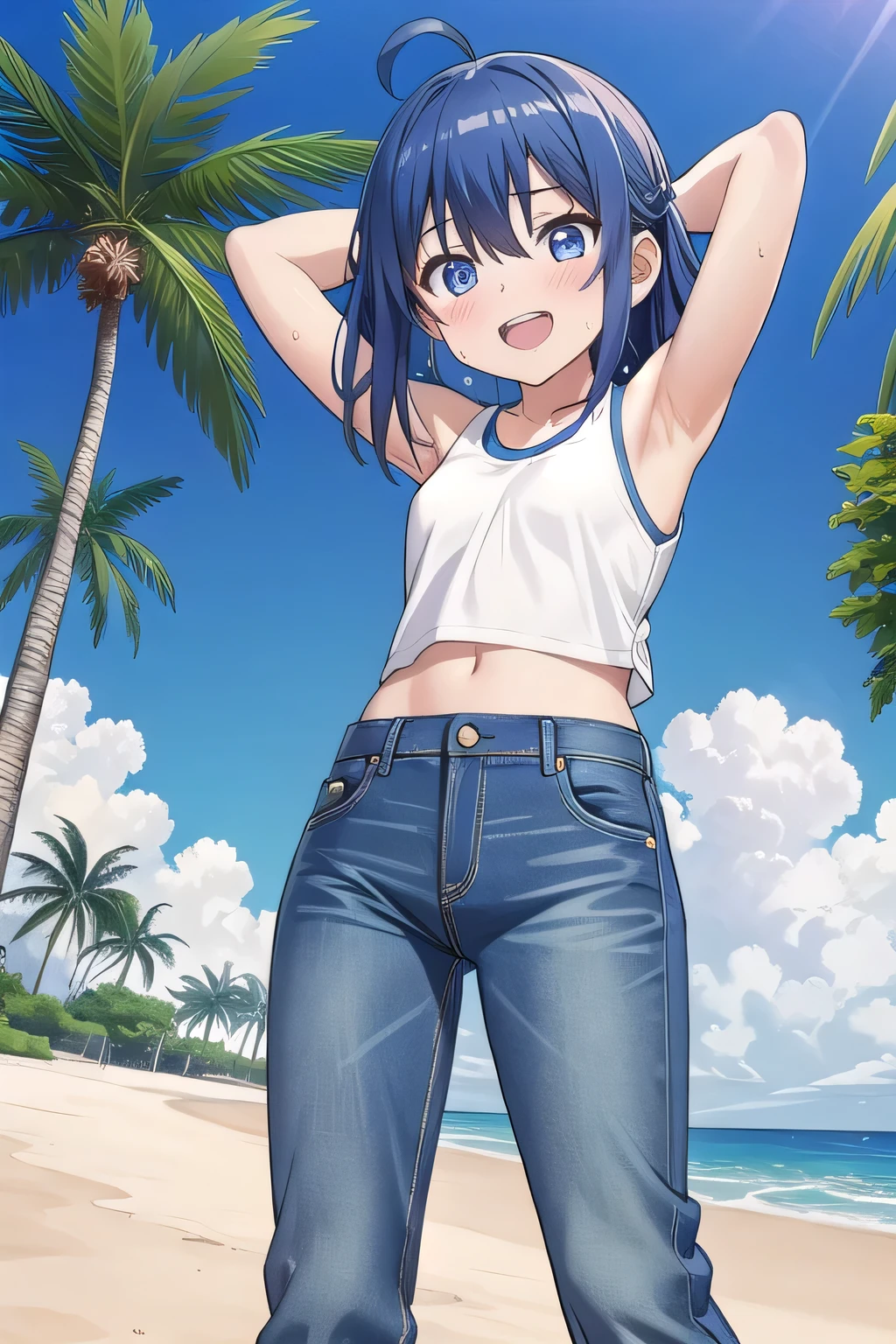 masterpiece,best quality,ultra detail, Perfect Face, Perfect Arms, Perfect hands, Perfect Fingers, 1girl, , peti ((round face, ecstasy, orgasm face, drooping eyes, shame smiling, blush)), dropping eyes, sleepy, background((under the beach, (day:1.2), palm tree, bright sky)), Yanami anna, ahoge,medium hair,blue hair,sidelocks,blunt bangs,blue eyes, hair between eyes,parted bangs, blue eyes, arms behind head, contrapposto, spread armpits, looking at viewer,, (white tank top:1.2), (white crop top:1.2), (jeans pants:1.2, flares jeans:1.2, skinny jeans:1.2, blue jeans:1.2), standing, (legs spread:1.2), sex pose, Sweaty crotch, Steam from the crotch, from below, full medium body