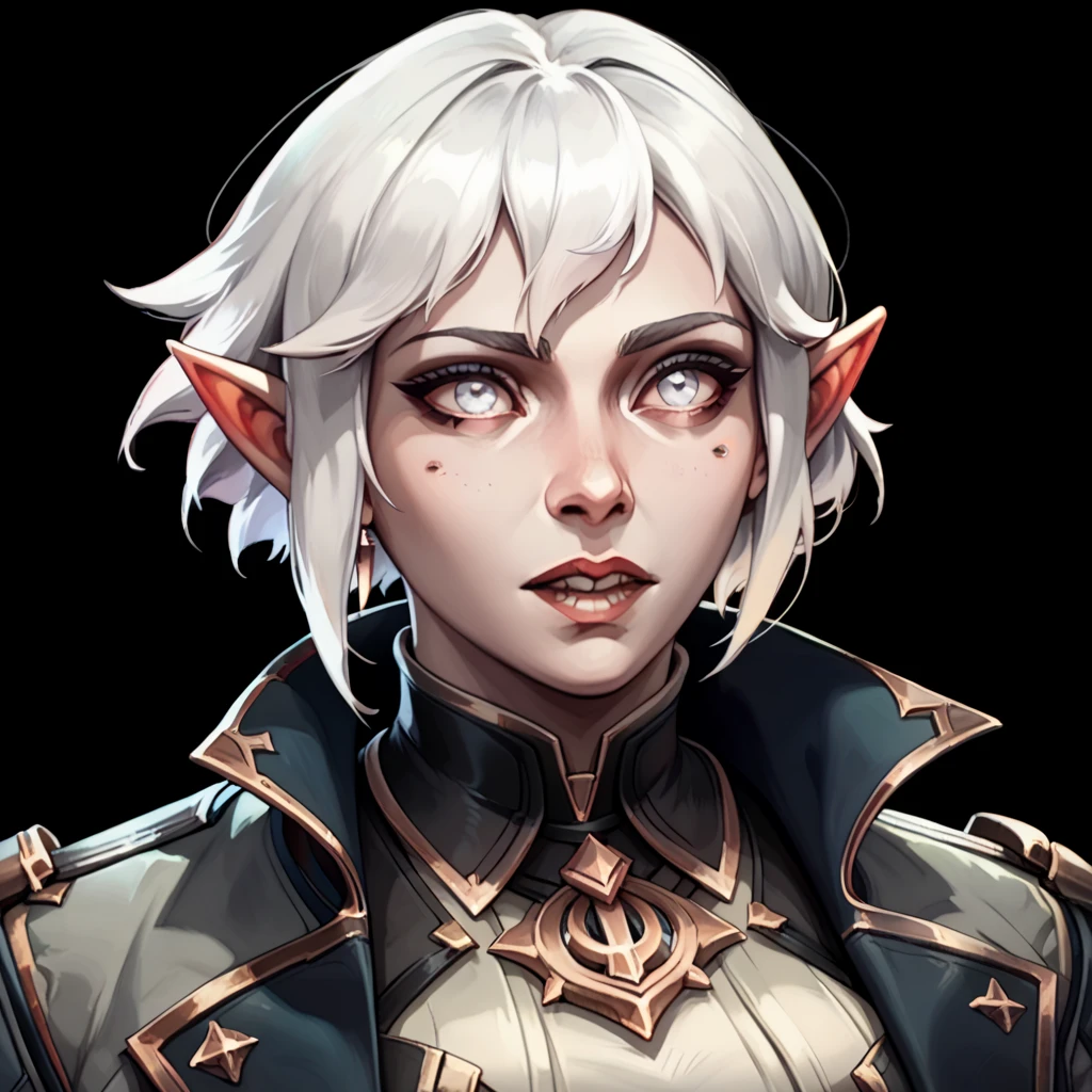 one woman, briar from league of legends, (pale eyes:1.2), (grey skin:1.2), short hair, white hair, pointy ears, pointy teeth, (upper body:1.3), (black background, clear background:1.5), (grey military jacket:1.2), (studio lights, deep shadows:1.3), (big chest:1.2)