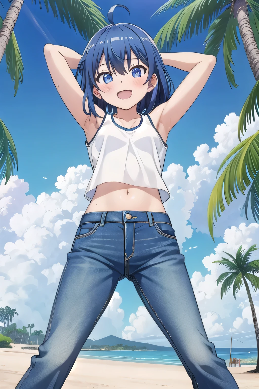 Anime girl with blue hair and white top posing on beach - SeaArt AI