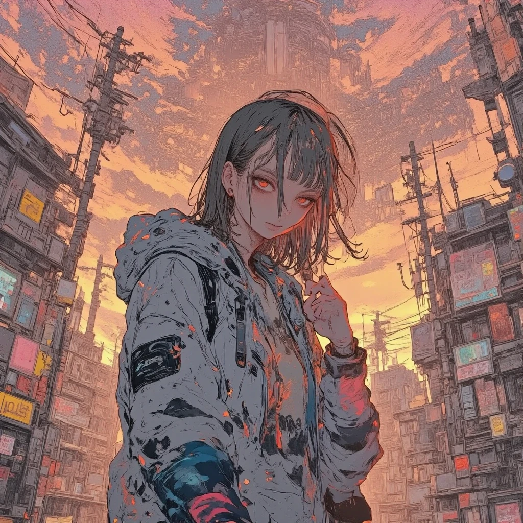 masterpiece, solo, rough stroke anime, 1girl, full body, panorama, brown hair, long hair, hoodie, high contrast, sharp line art, detailed illustration, long eyelashes, cinematic lighting, ambient light, volumetric lighting, ultra aesthetic environment, 8k, 16k, hdr, best quality, indirect lighting, super quality composition,sunset , realistic anime background, cinematic lighting, bokeh , blurry background, tokyo city, sunset, vast sky,
