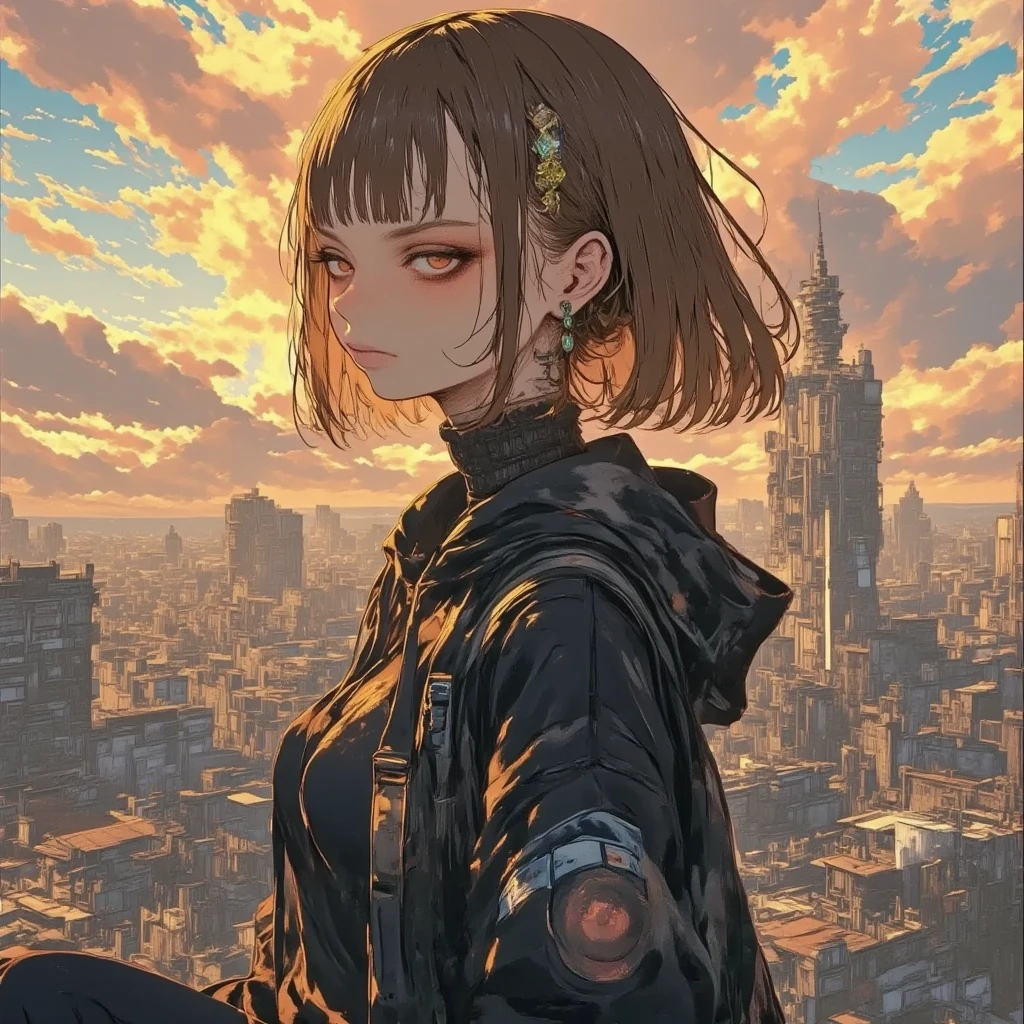 masterpiece, solo, rough stroke anime, 1girl, full body, panorama, brown hair, long hair, hoodie, high contrast, sharp line art, detailed illustration, long eyelashes, cinematic lighting, ambient light, volumetric lighting, ultra aesthetic environment, 8k, 16k, hdr, best quality, indirect lighting, super quality composition,sunset , realistic anime background, cinematic lighting, bokeh , blurry background, tokyo city, sunset, vast sky,
