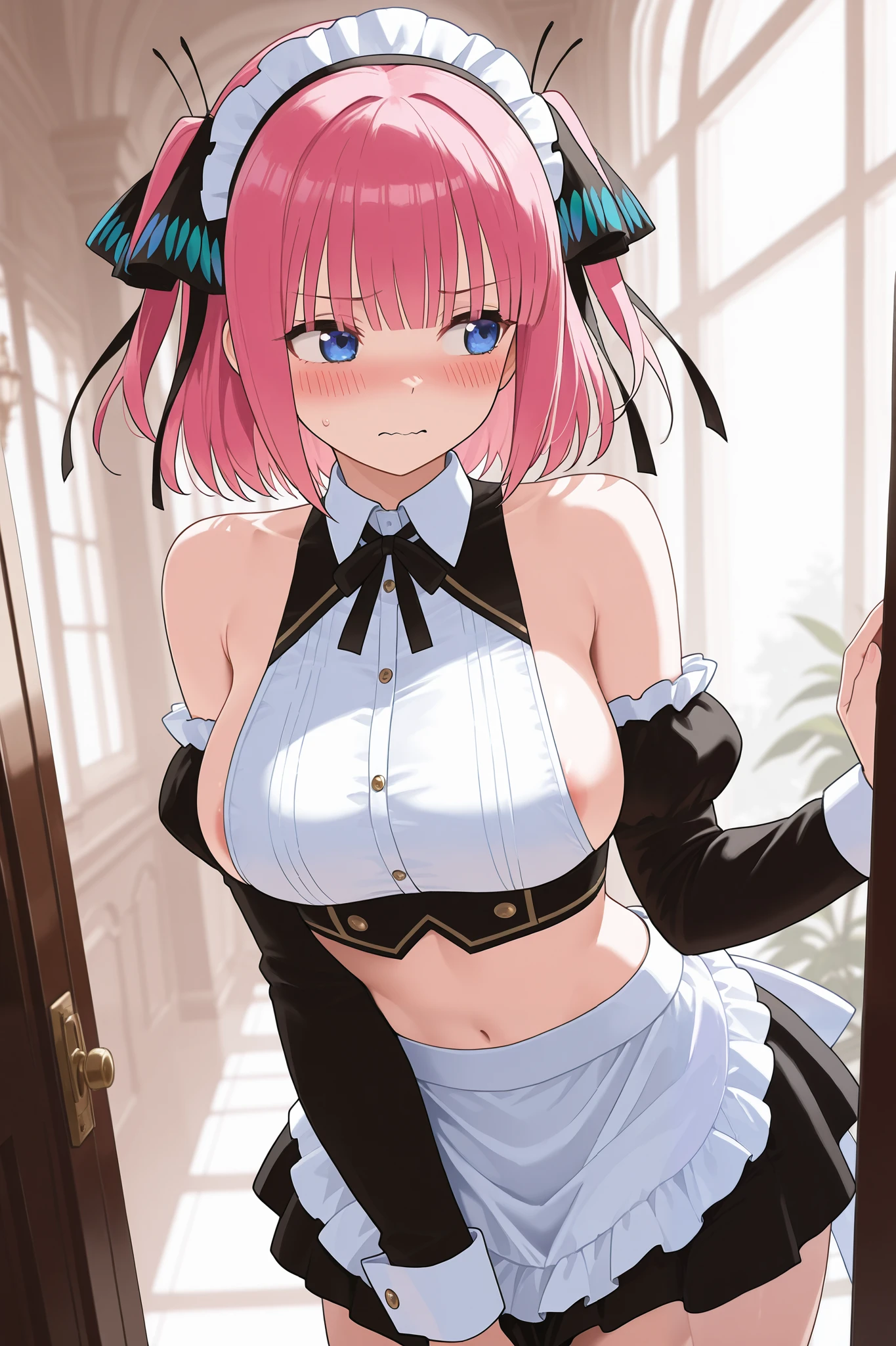 ,masterpiece, top quality, high resolution, very detailed, Nino Nakano、 shorthair 、bangs、 blue eyes、 hair ornament、 hair bow、 pink hair、鈍いbangs、 two side up、蝶の hair ornament, maid clothes , crop top, shoulder out,, detachable sleeves, ,Luxurious mansion,Office,blush,Embarrassed