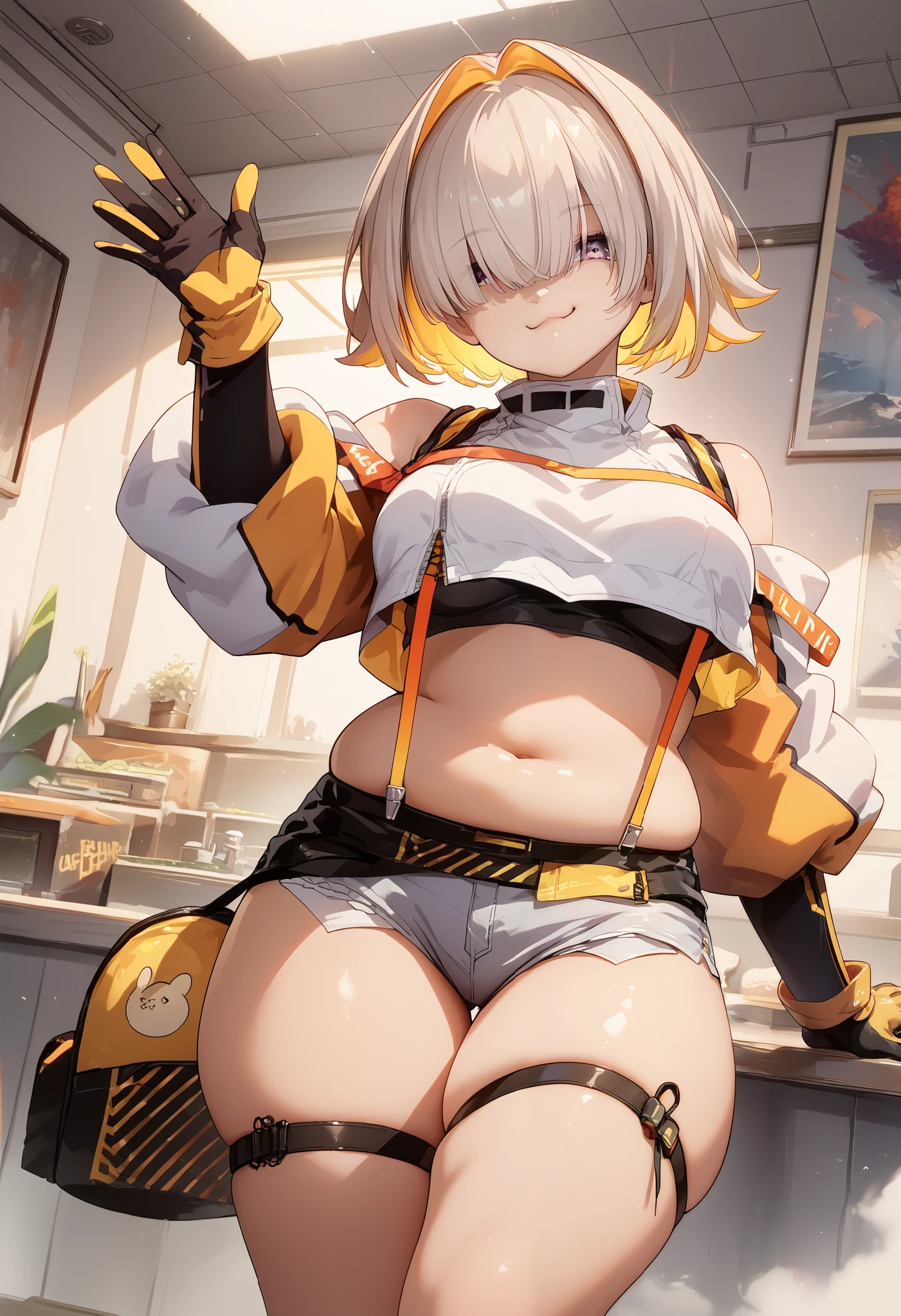 score_9, score_8_up, score_7_up, source_anime BREAK 1girl, solo, elegg, short hair, bangs, hair intakes, multicolored hair, hair over eyes, crop top, bare shoulders, long sleeves, suspenders, midriff, navel, short shorts, thigh strap, gloves, large breasts, looking at viewer, thick thighs, plump, standing, smug, waving
