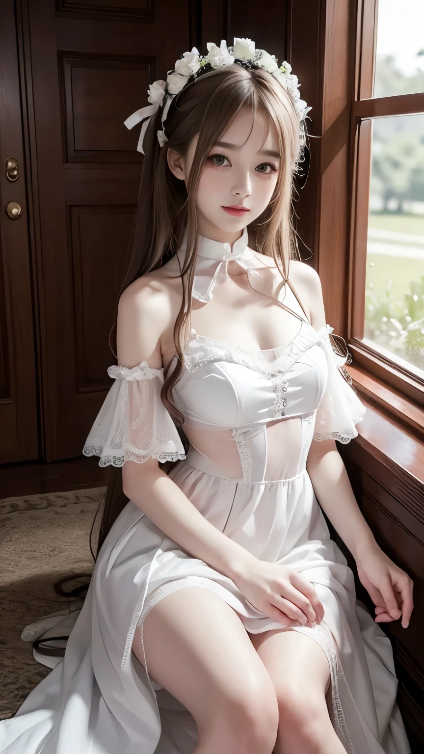8K, Ultra-high resolution, Highest quality, masterpiece, 三分割法によるphotograph,Surreal, photograph, 1 Girl, (:1.3), pretty girl, Cute face, Beautiful eyes in every detail, 細かくdetailedに,masterpiece,, One Girl:1.2, Virginia Otis 15 year old girl、美しい cyborg mixed maid female, Mecha Cyborg Girl,Mecha Body Girl,She wears a futuristic mech, victorian maid dress, from the front, From the skirt up,Cute kids room, bed room, bed,Beautiful leg line beauty,Full of sex appeal,Sensual,A carefree smile,Heal the heart,Short ponytail、beauty,Long neck、Laugh a little、Please close your mouth and laugh、(((Ideal body type))),A cup small breasts :2,、Portraiture:2、Perfect Anatomy、鮮明なdetailed、detailed、Surreal、Light and shadow,Strong light