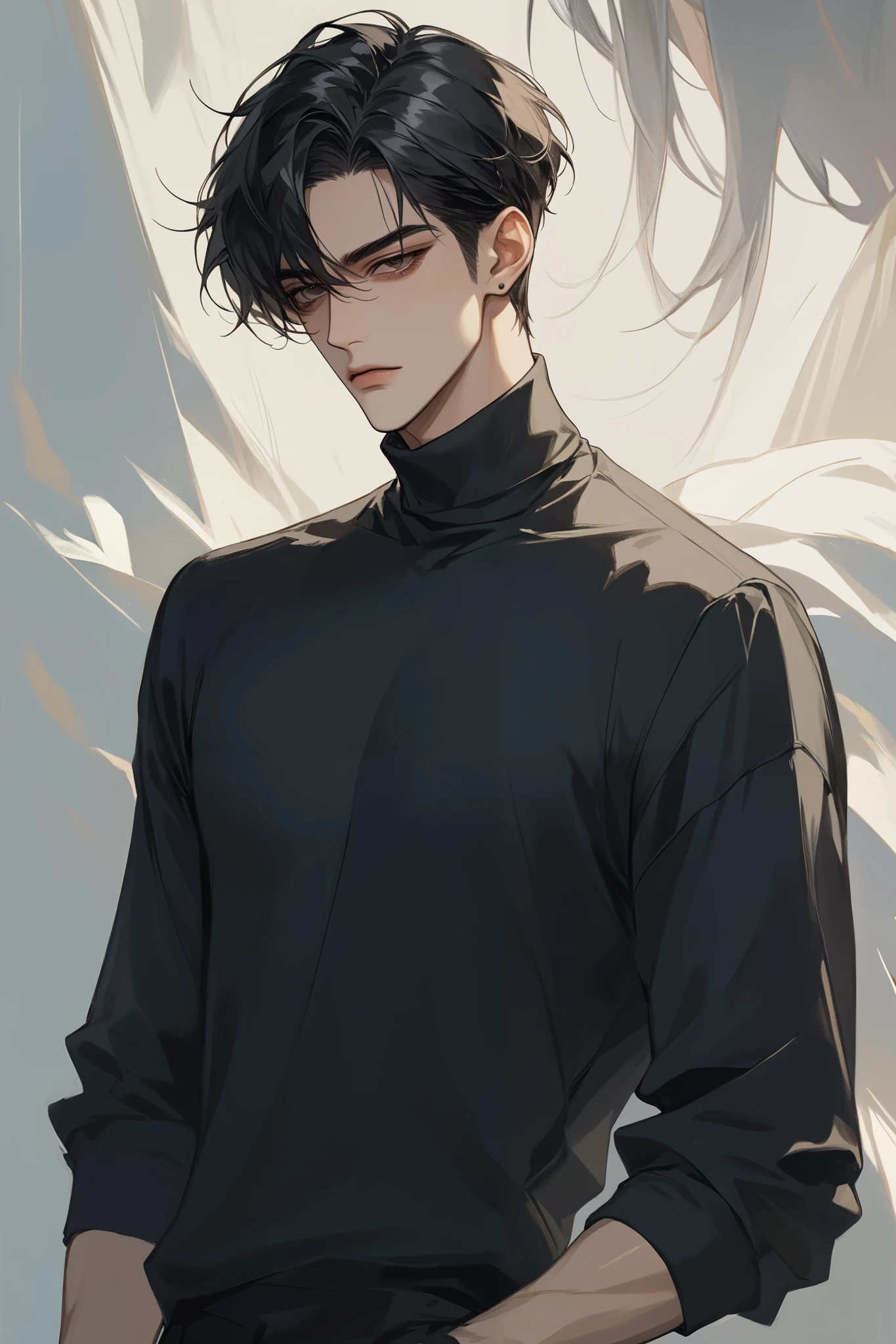 (score_9, score_8_up), medium hair, masterpiece, best quality, 1 man , black hair , perfect face , black eye , handsome male , Alone, adult male , delicate line drawingimpasto, masterpiece, high resolution, Top quality, unique , 1 male , nice , tanned skin , black haired, black turtleneck