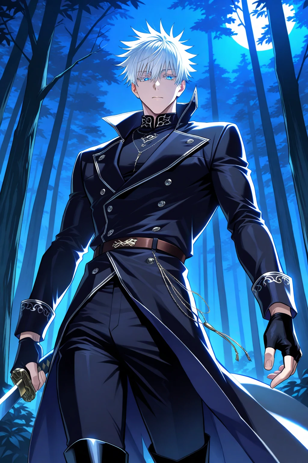 (masterpiece, best quality), (absurdres absolutely resolution), (8k), (detailed beautiful face and eyes), (detailed illustration), (super fine illustration), 1boy, vampire hunter, Gojo Satoru, Jujutsu Kaisen, glowing blue eyes, white eyelashes, white hair, short hair, hair between eyes,  black elegant fantasy clothes, black long coat, boots, black fingerless gloves, fantasy style, high fashion, handsome, attractive, sexy man, sensual, solo, cowboy shot, standing, night, dark, forest, professional lighting