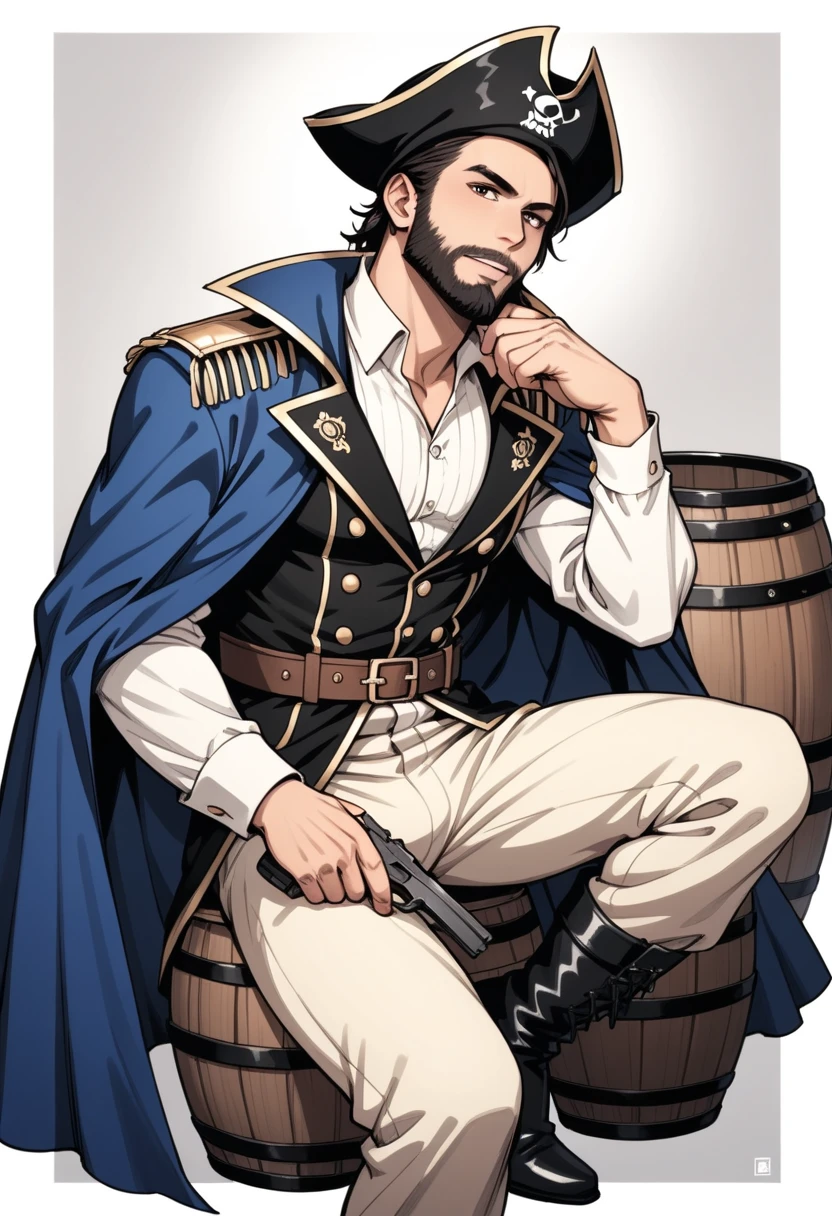   illustration,   mixed_ Artistic Style ,  A man,50 years,   with pirate costume , long blue cape ,  long black beard,   brown eyes ,  full angle ,  holds a pistol from the pirate era, ,  one foot resting on a barrel, fierce expression,  Mature man, Perfect anatomy, dramatic light,(   masterpiece   ), (     Better quality  ), (    High-resolution icon  ), detailed, (    intricate details 1   .2), (Hyper detailed 1.4),   monochrome ,