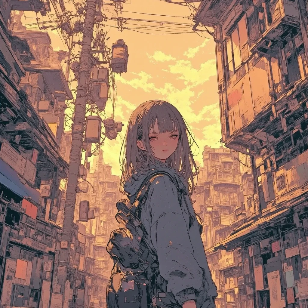 masterpiece, solo, rough stroke anime, 1girl, full body, panorama, brown hair, long hair, hoodie, high contrast, sharp line art, detailed illustration, long eyelashes, cinematic lighting, ambient light, volumetric lighting, ultra aesthetic environment, 8k, 16k, hdr, best quality, indirect lighting, super quality composition,sunset , realistic anime background, cinematic lighting, bokeh , blurry background, tokyo city, sunset, vast sky,
