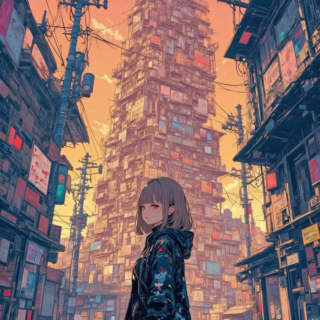 masterpiece, solo, rough stroke anime, 1girl, full body, panorama, brown hair, long hair, hoodie, high contrast, sharp line art, detailed illustration, long eyelashes, cinematic lighting, ambient light, volumetric lighting, ultra aesthetic environment, 8k, 16k, hdr, best quality, indirect lighting, super quality composition,sunset , realistic anime background, cinematic lighting, bokeh , blurry background, tokyo city, sunset, vast sky,
