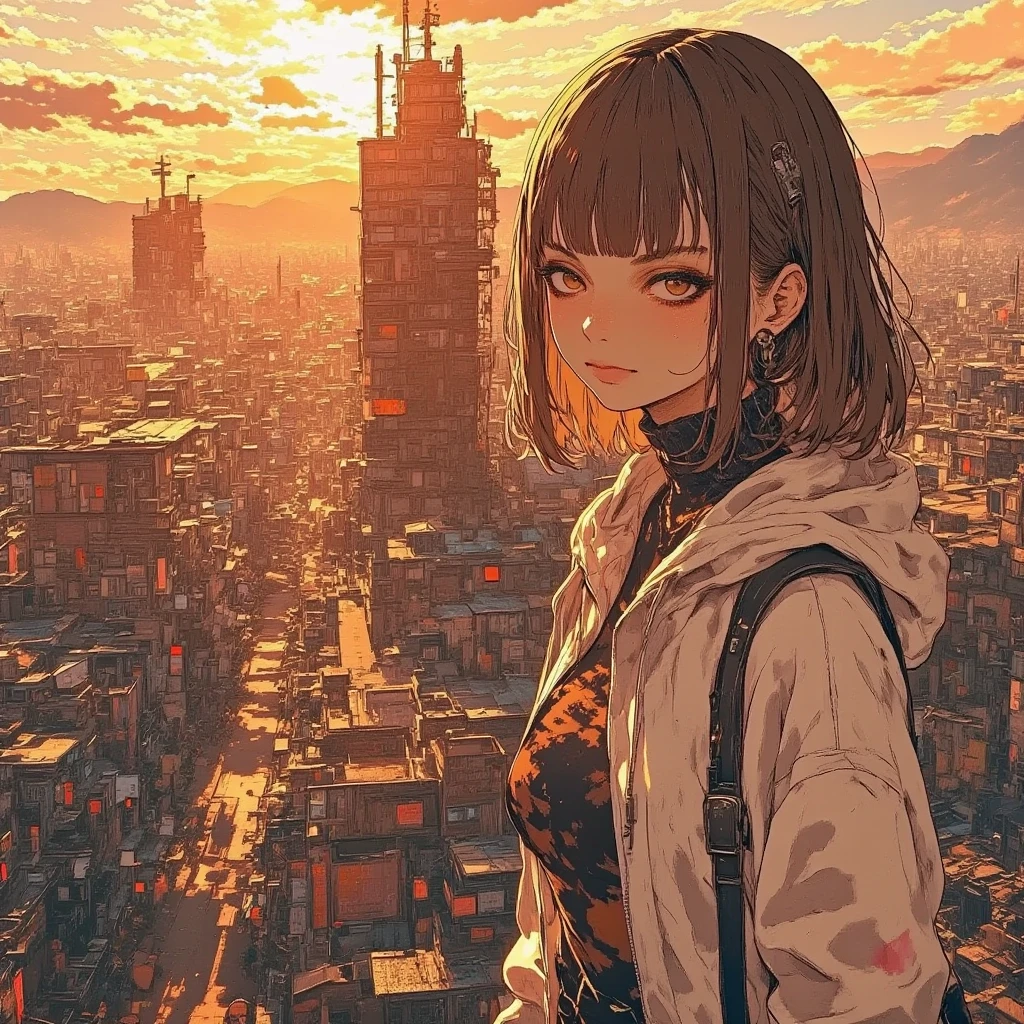 masterpiece, solo, rough stroke anime, 1girl, full body, panorama, brown hair, long hair, hoodie, high contrast, sharp line art, detailed illustration, long eyelashes, cinematic lighting, ambient light, volumetric lighting, ultra aesthetic environment, 8k, 16k, hdr, best quality, indirect lighting, super quality composition,sunset , realistic anime background, cinematic lighting, bokeh , blurry background, tokyo city, sunset, vast sky,
