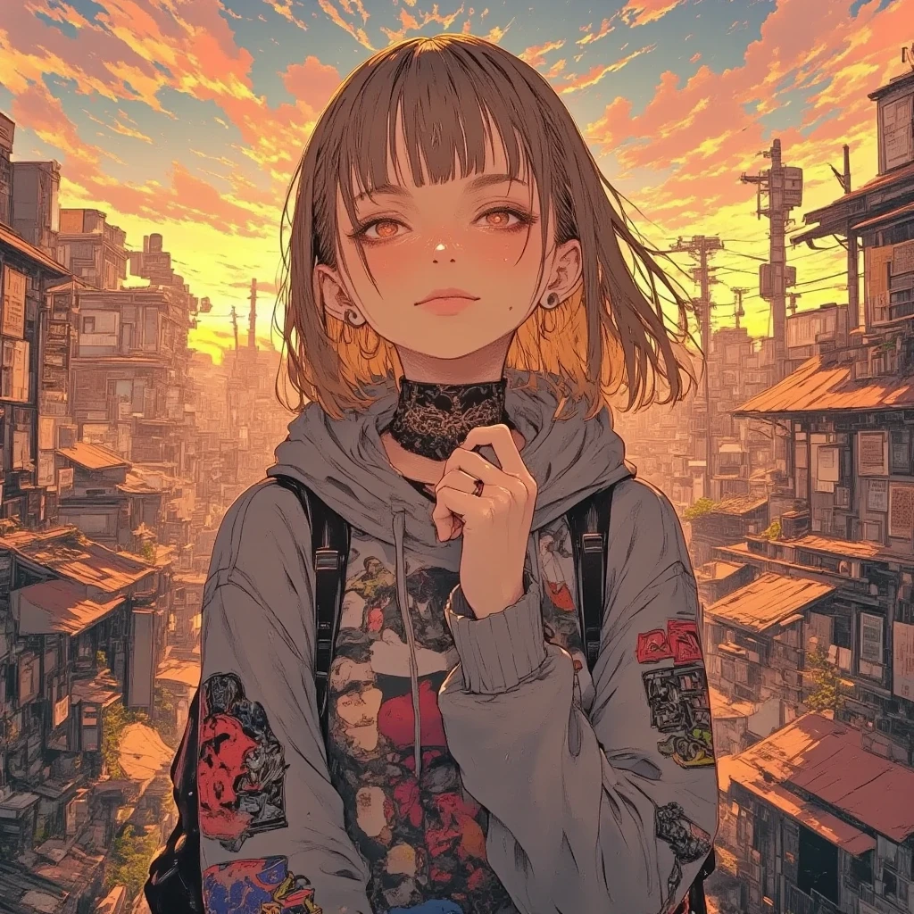 masterpiece, solo, rough stroke anime, 1girl, full body, panorama, brown hair, long hair, hoodie, high contrast, sharp line art, detailed illustration, long eyelashes, cinematic lighting, ambient light, volumetric lighting, ultra aesthetic environment, 8k, 16k, hdr, best quality, indirect lighting, super quality composition,sunset , realistic anime background, cinematic lighting, bokeh , blurry background, tokyo city, sunset, vast sky,
