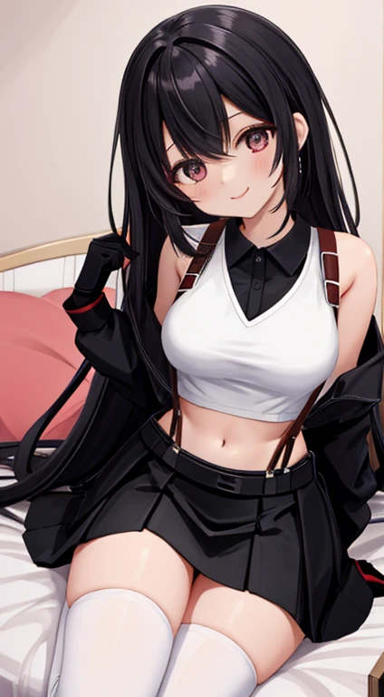 Girl with black hair showing her panties to the camera , looking at the camera,  corada,  calcinha branca transparente dando pra ver sua vagina, buceta, private part, opening your legs towards the camera, usando uma regata e uma saia, em um quarto, sentada no canto da cama, squat position 