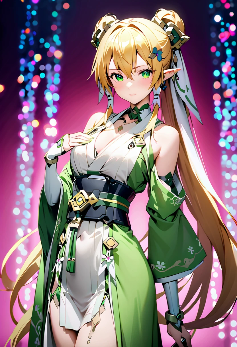 Leafa、Blonde、Hair tied at back 、Hairpin、 elf ears 、 dress、Long-sleeved kimono、草色のLong-sleeved kimono、dark green belt 、Elegant clothes 、Long-sleeved kimono、 dress、 hair ornament、Floral、Wide sleeve、Cyberdoll