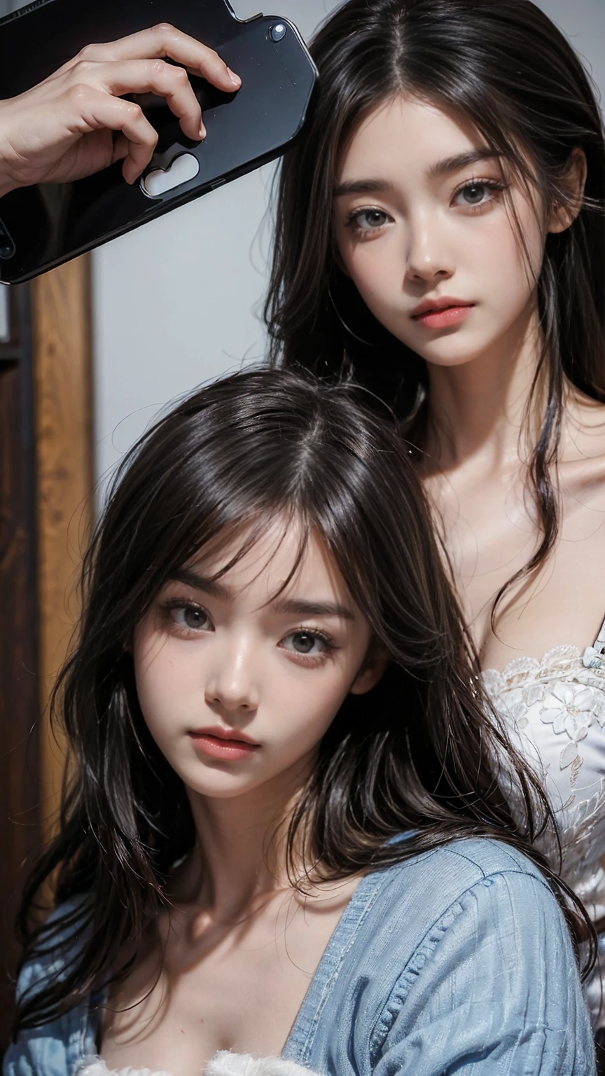 ((best qualityer)), ((work of art)), ((detailded)), a beautiful young woman, young white color, Long, wavy hair, dark brown hair, blue colored eyes, elegant outfit, elegant pose, top quality picture, super realistico, 8 k quality, ultra realisitic, cinema quality
