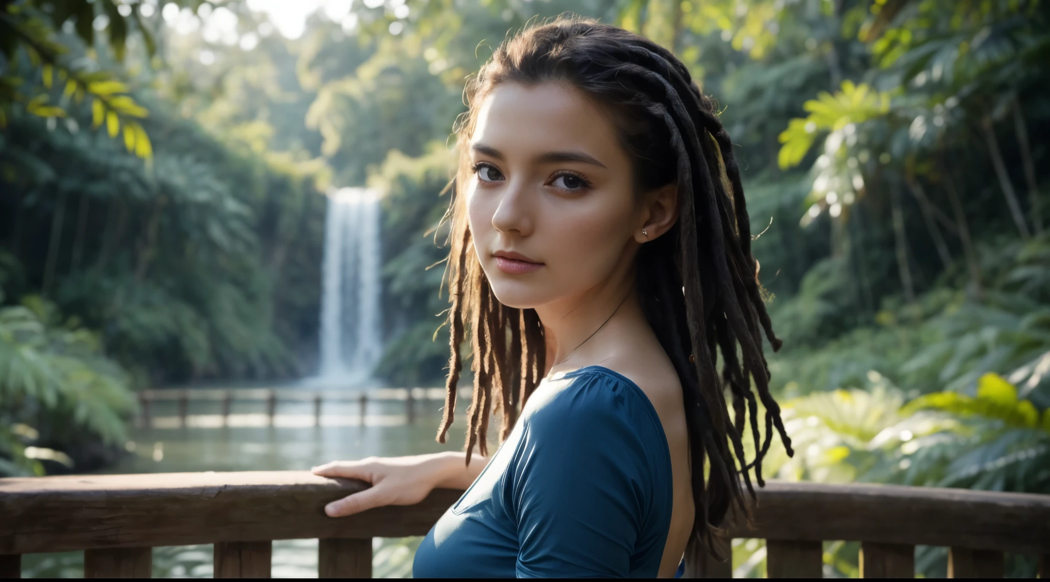 (best_quality, masterpiece:1.2), (highly detailed), (4k, 8k, uhd, high_resolution, highres), girl, blouse, long brown hair, looking at viewer, sharp focus, sunlit, natural light, bridge railing, blurry background, bokeh, white dreadlocks, beautiful, realistic representation, highly detailed, blue latex dandruff, jungle river, rainforest,