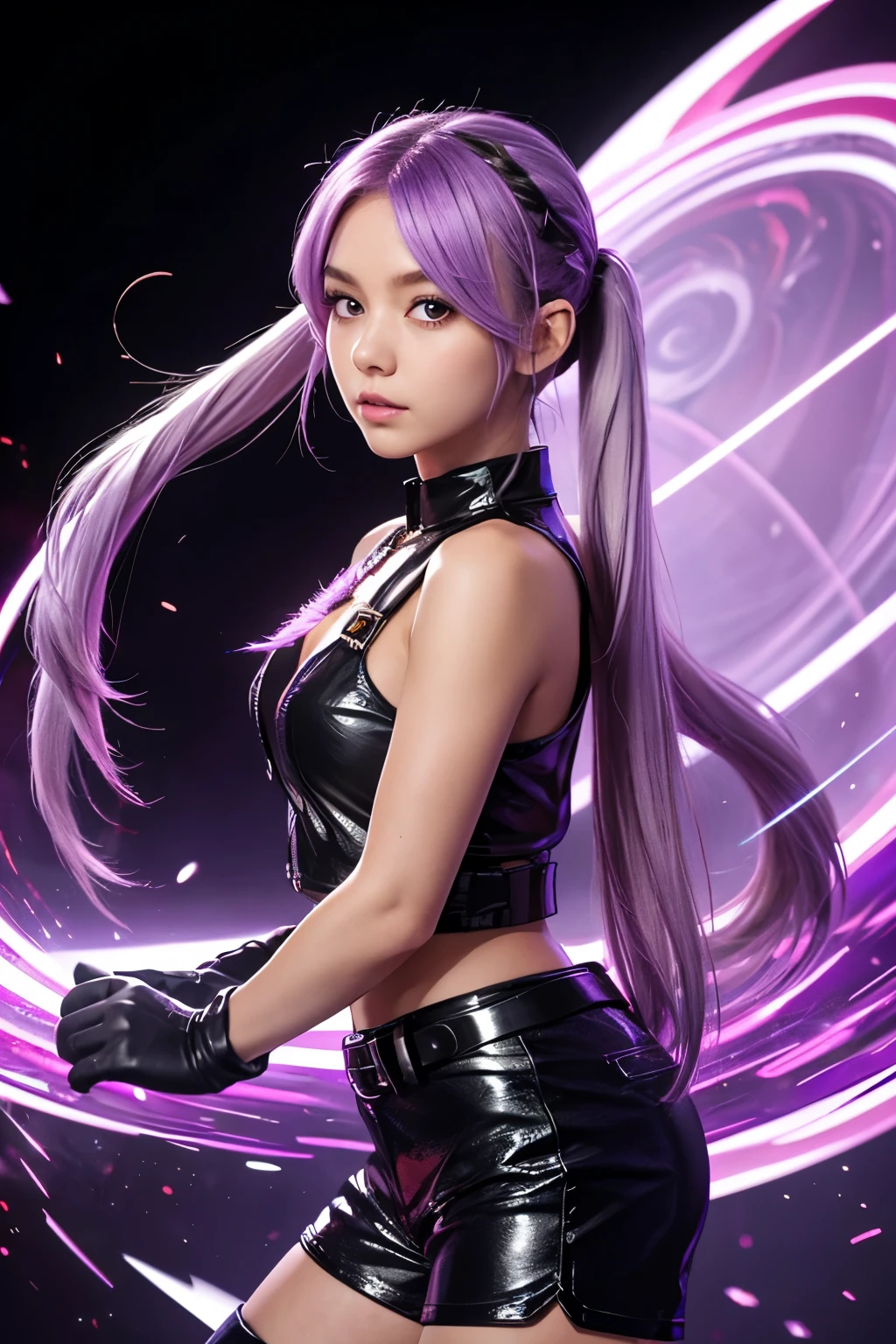 Best Quality, Ultra High Resolution, Cute, (KPOP Idol), (Long Twintail), (Light Purple Hair:1), ((Big Eyes)), Looking at you,
BREAK ((upper body:1.3)), Front View,A character with long, flowing silver hair and a slender build, wearing a black and white outfit that includes thigh-high boots and gloves. The character is in a dynamic pose surrounded by ethereal purple crystals and energy,
The character is in a dynamic pose surrounded by ethereal purple crystals and energy,A character with long, flowing purple hair, wearing a metallic top and black shorts with thigh-high boots. The outfit includes straps and belts, giving it a futuristic or fantasy style. The character is in a dynamic pose with radiant light or energy surrounding them, set against a minimalistic abstract background,