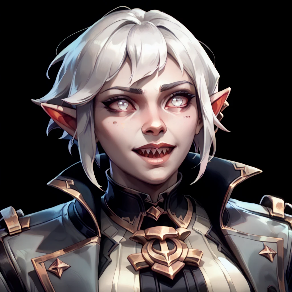 one woman, briar from league of legends, (pale eyes:1.2), (grey skin:1.2), bob haircut, white hair, pointy ears, sharp teeth, (upper body:1.3), (black background, clear background:1.5), (grey military jacket:1.2), (studio lights, deep shadows:1.3), (big chest:1.2), (joyful face:1.2)