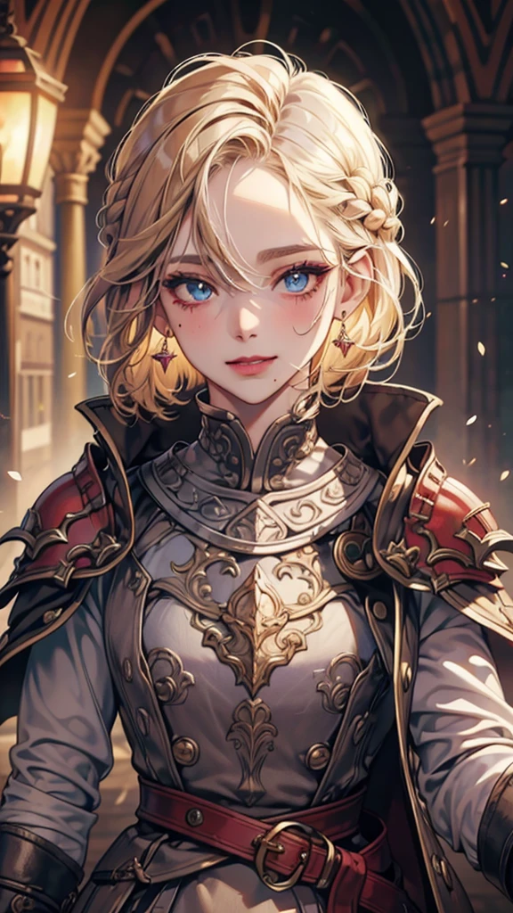 8k, masterpiece, best quality, highly detailed, 1 girl, solo, human, cleric, short hair, bob hair, braided hair, blonde hair, earrings, blue eyes, red eyeshadow, long eyelashes, winking, playful demeanor, psychotic, unhinged, blushed cheek, purple lips, mole on face, glamorous, silver armor, close up view, happy smile, looking at viewer, standing, town, holy, wearing circlet.