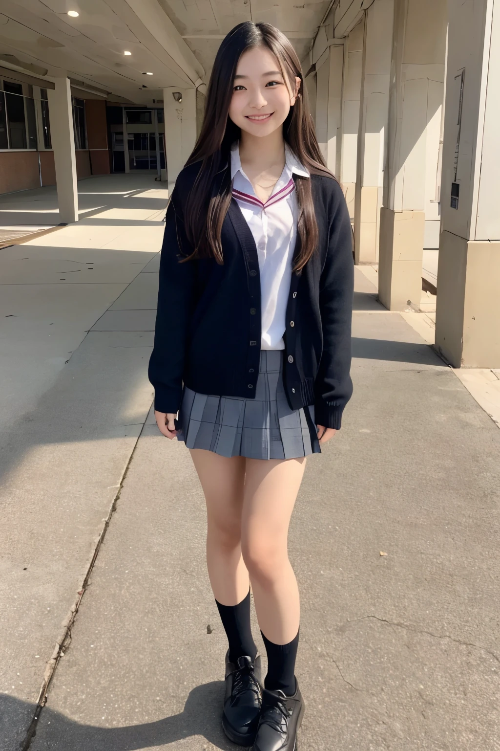 standing in an empty school yard、1 person、 Japanese、Idol、18 years old、uniform、 Long Sleeve 、、 cardigan、 、Thin fingers、 long hair beautiful dark hair 、smile、Front full body portrait