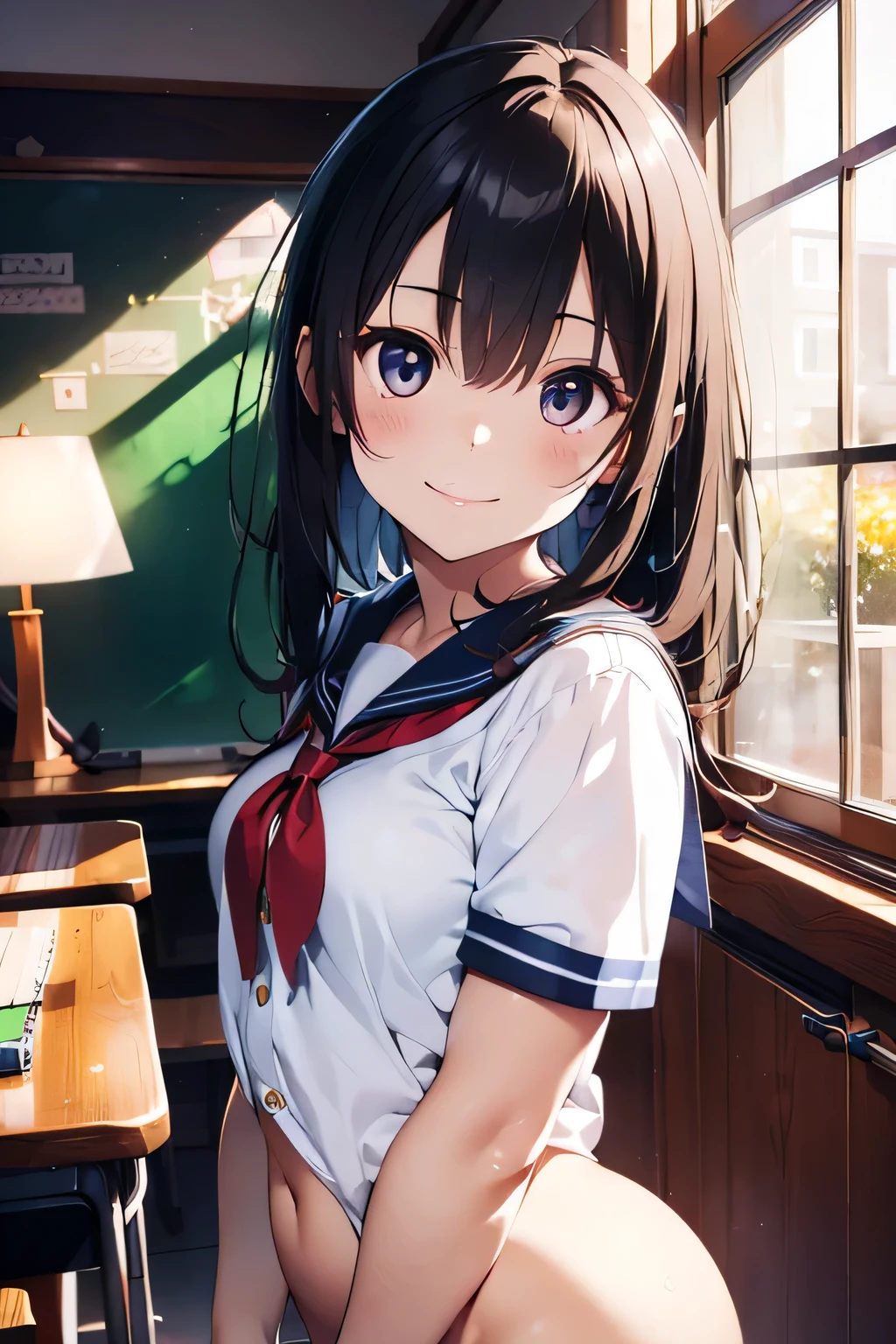 (extremely high quality artwork), (extremely detailed CG 8k), (masterpiece) ,(extremely cute girl), short, (innocent face), ((innocent smile)), shiny hair, (slim body), (small breasts), ((finely detailed beautiful eyes)), (eyes with brightness), look at viewer, arched back, ((nsfw)), ((school uniform)), (white sailor suit), under boob, no bra, (((lower body is completely naked))), (((no panties))), beautiful skin, pale skin, shiny skin, (bright color), vibrant colors, natural light, (glare), 
