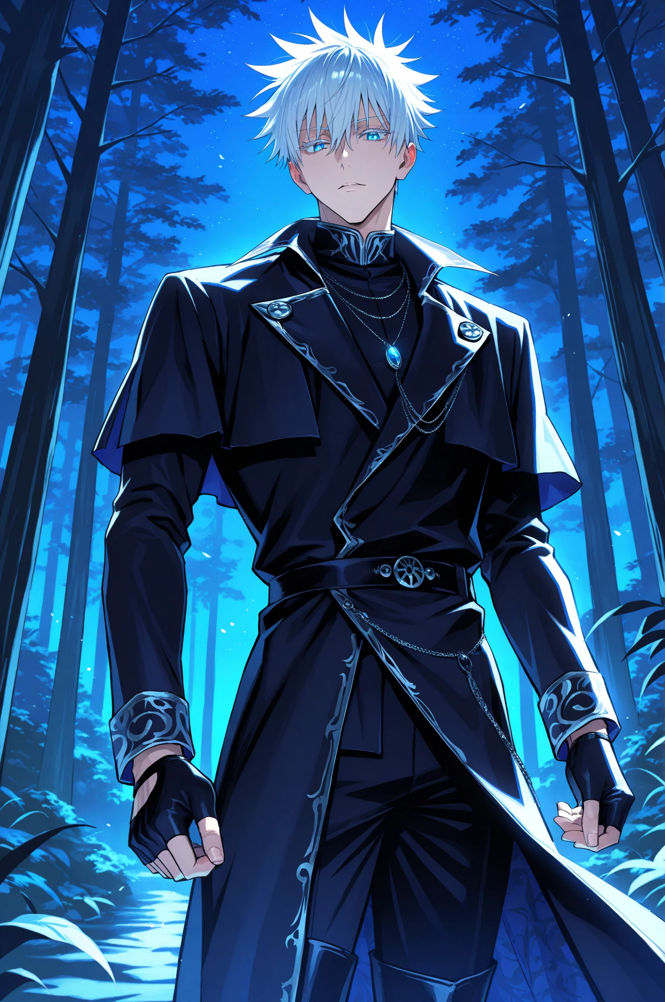 absurdres, highres, ultra detailed, HDR, master piece, best quality, extremely detailed face and eyes, perfect face, beautiful eyes, Mochizuki Ryoji, expressive blue eyes, black hair slicked back, Persona 3, solo, sexy man, handsome, white coat, black tight shirt, white scarf, clock mechanical moon, fantasy, chains, fireflies, in wonderland