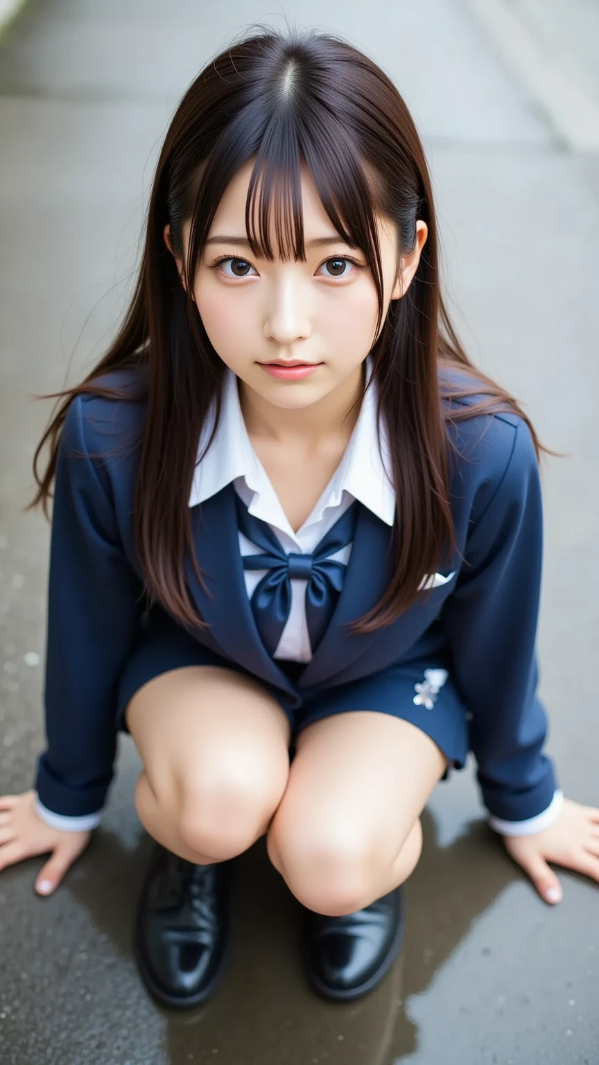 A professional photograph of a fair-skinned Japanese ******girl wearing a traditional long-sleeved sailor uniform with a navy-blue skirt and white accents. She is squatting on wet pavement, her legs slightly spread, captured from an overhead angle. The composition highlights her white panties subtly reflected in a small puddle below her. The image emphasizes her idol-like beauty with clear, smooth skin and delicate facial features. The lighting is soft and natural, creating gentle shadows that enhance the texture of her uniform and the reflective surface of the puddle. The background is blurred to focus attention on the subject, with muted tones complementing the serene yet playful atmosphere. Shot with a 50mm lens at f/2.8 for shallow depth of field, achieving a photorealistic aesthetic.