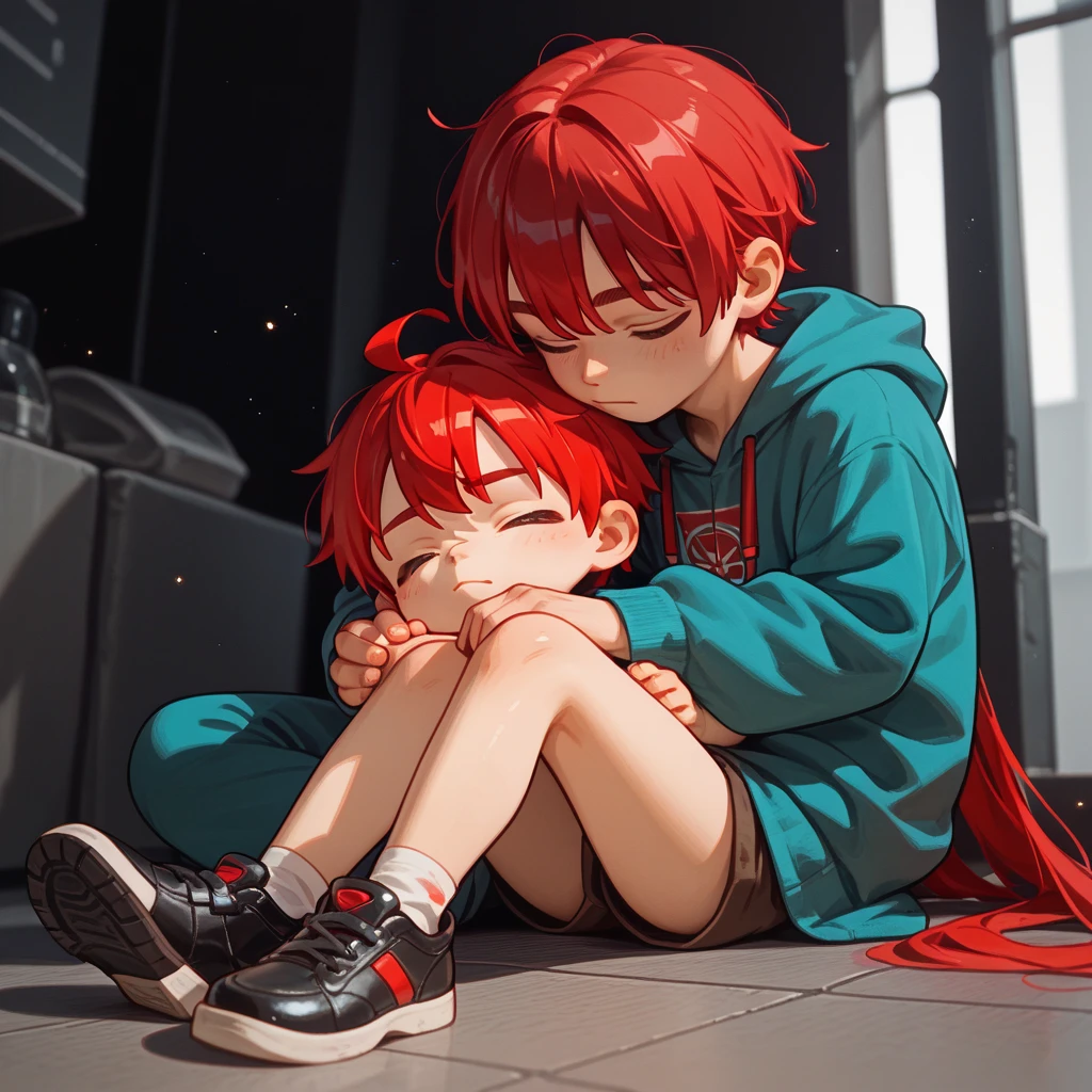 "A young boy with bright red hair , bright skin, and the soft expression , wearing future clothing .  The boy sitting , black shoes .  The background is plain black ,  grab pose , gives full focus to the character of the boy ,cute chibi . Closed Eyes."