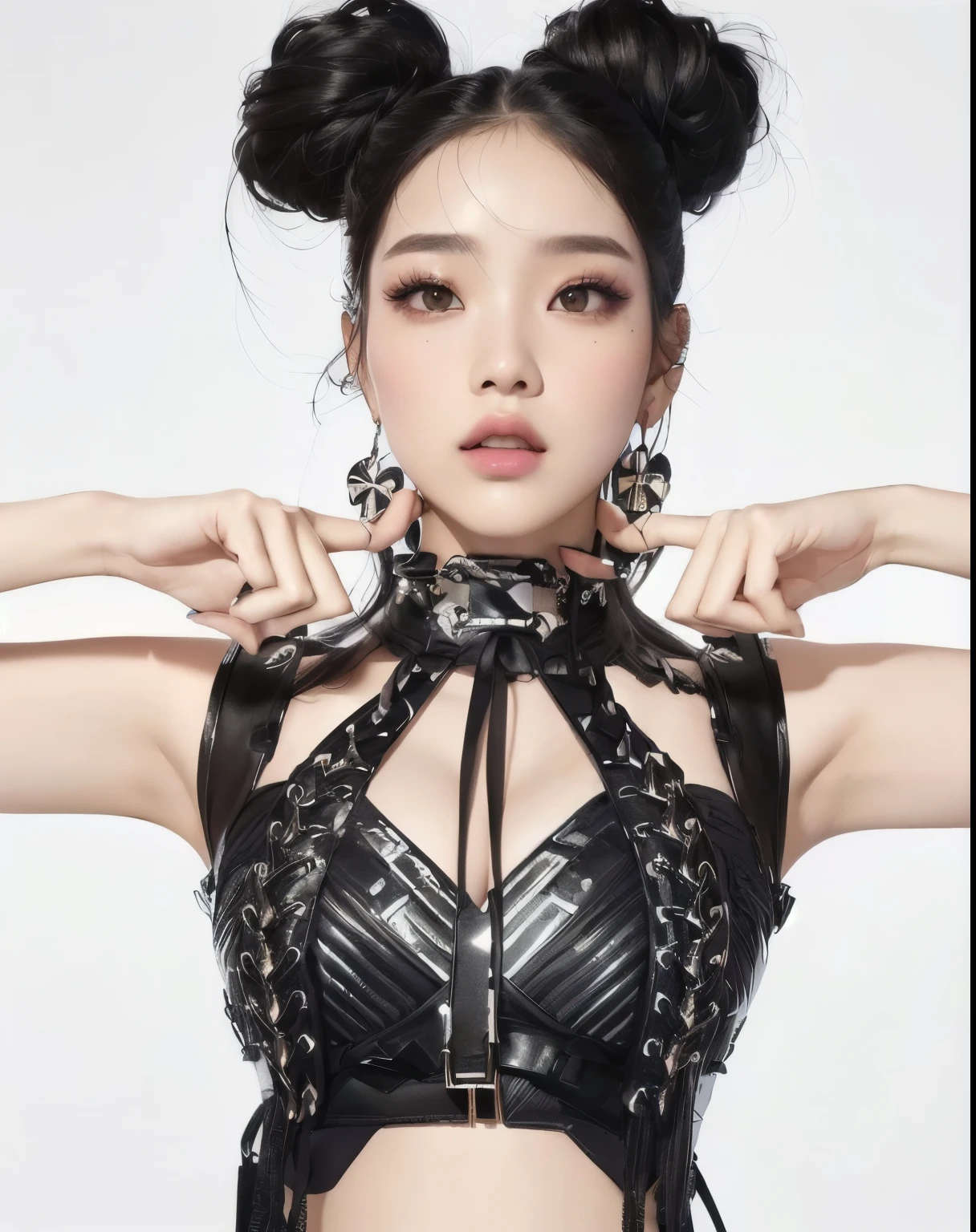 Mujer arafaelizada con top de cuero con gargantilla y un par de pendientes and blue eyes, jia, jossi de blackpink, sha xi, jisoo de blackpink, Jisoo de Blackpink, parque roseanne de blackpink, jinyoung shin, en un corsé de cuero, cruel chica gótica coreana, iu lee ji-eun como supervillano, portrait of jossi de blackpink, jennie rosa negro, jisoo from blackpink, popular south korean makeup, quality detailed ,(beautiful makeup :1.2), Wide hips, big, big ass, (best quality, 8K, masterpiece: 1.3), Clear focus: 1.2, Perfect body beauty: 1.4, strong abs, Very detailed face and skin texture. , detailed eyes, double eyelids, (long hair), having very marked curves, with greater volume in ((hips and breasts)), which makes the waist look much smaller ((wasp waist)).