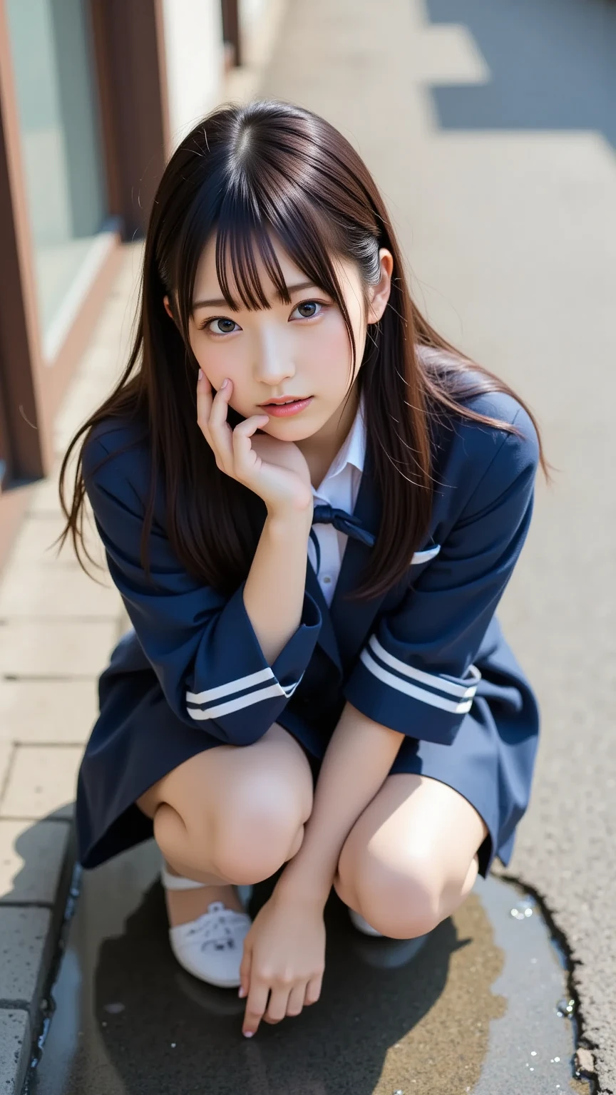 A professional photograph of a fair-skinned Japanese schoolgirl wearing a traditional long-sleeved sailor uniform with a navy-blue skirt and white accents. She is squatting on wet pavement, her legs slightly spread, captured from an overhead angle. The composition highlights her white panties subtly reflected in a small puddle below her. The image emphasizes her idol-like beauty with clear, smooth skin and delicate facial features. The lighting is soft and natural, creating gentle shadows that enhance the texture of her uniform and the reflective surface of the puddle. The background is blurred to focus attention on the subject, with muted tones complementing the serene yet playful atmosphere. Shot with a 50mm lens at f/2.8 for shallow depth of field, achieving a photorealistic aesthetic.