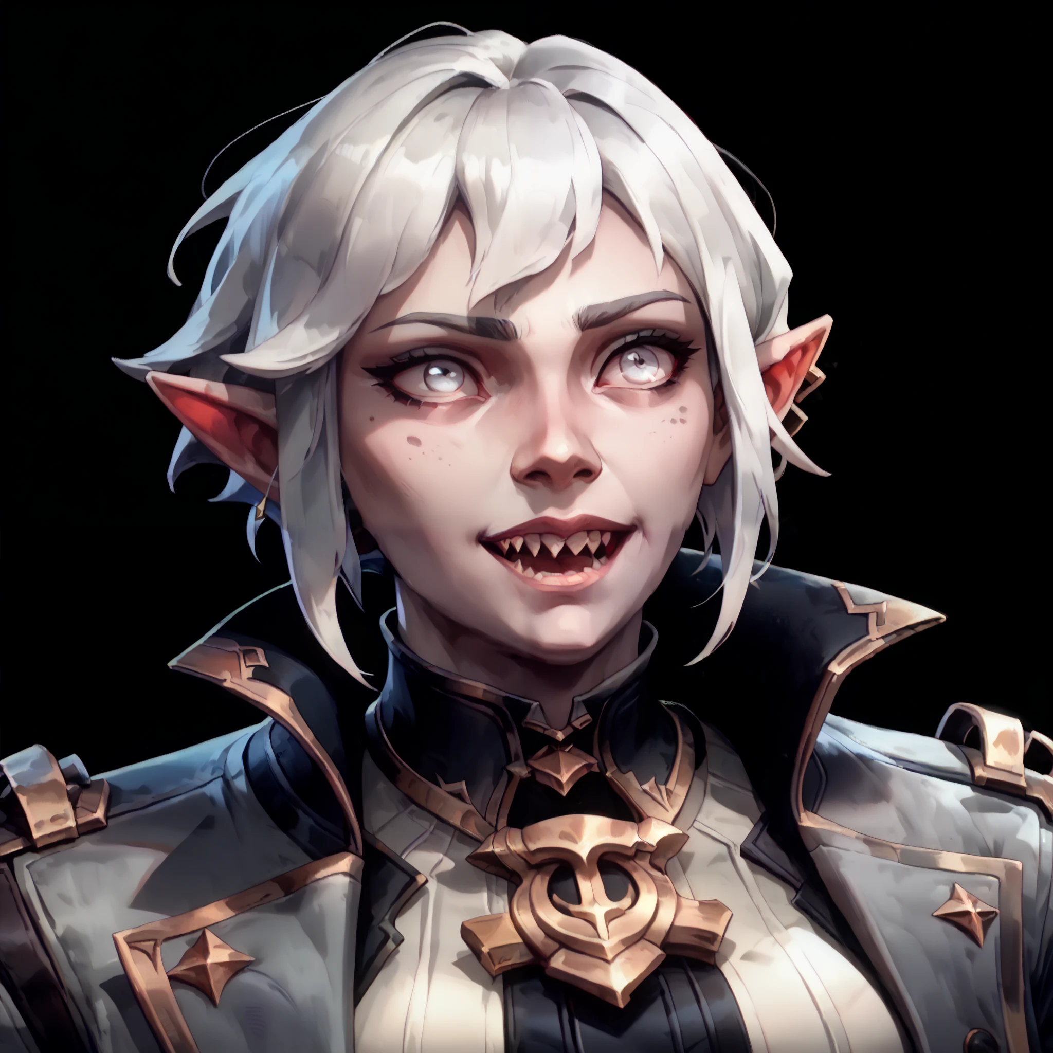 one woman, briar from league of legends, (pale eyes:1.2), (grey skin:1.2), bob haircut, white hair, pointy ears, sharp teeth, (upper body:1.3), (black background, clear background:1.5), (grey military jacket:1.2), (studio lights, deep shadows:1.3), (big chest:1.2), (joyful face:1.2)