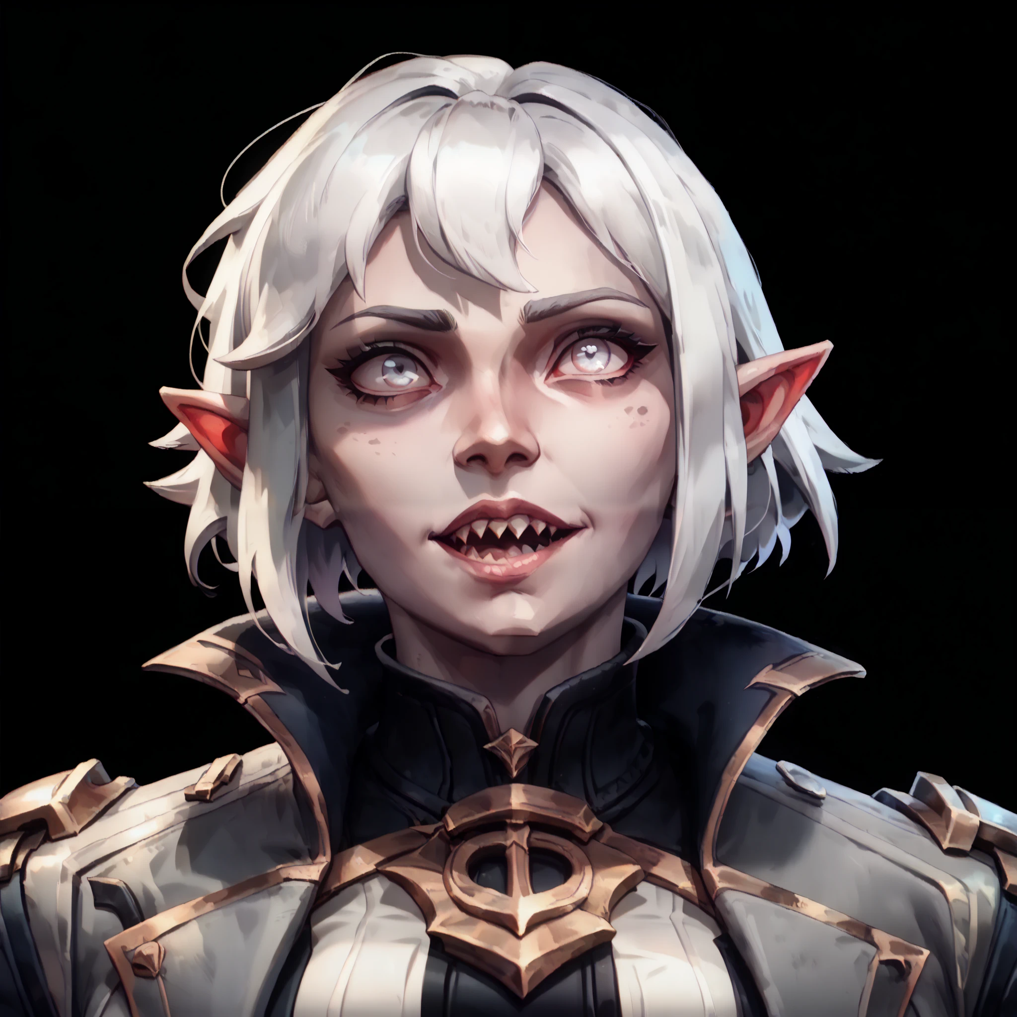 one woman, briar from league of legends, (pale eyes:1.2), (grey skin:1.2), bob haircut, white hair, pointy ears, sharp teeth, (upper body:1.3), (black background, clear background:1.5), (grey military jacket:1.2), (studio lights, deep shadows:1.3), (big chest:1.2), (joyful face:1.2)