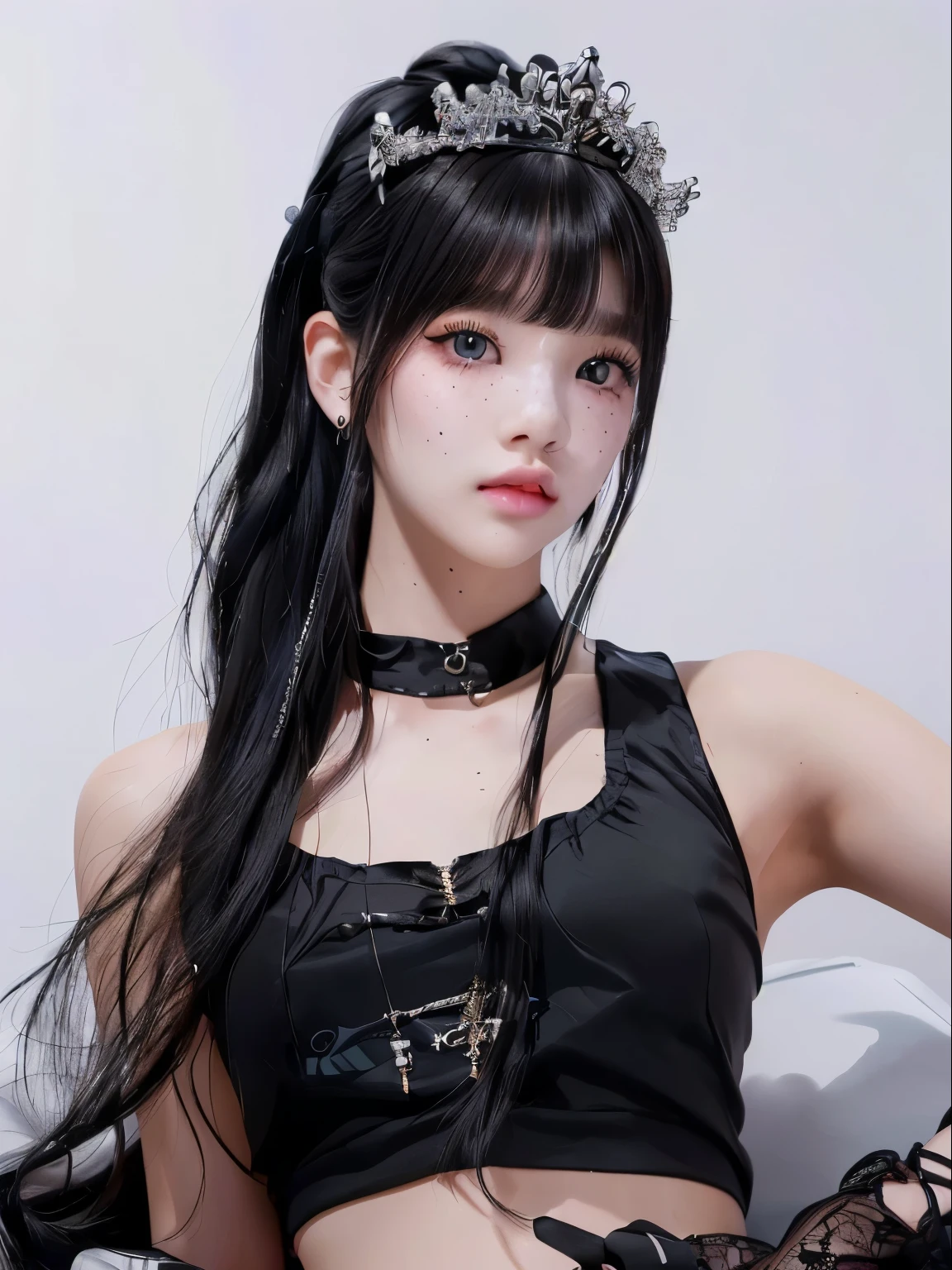 1 girl, dark long hair, glare eyes, Red lips, cute but strong, in 3 d drawing, anime styling