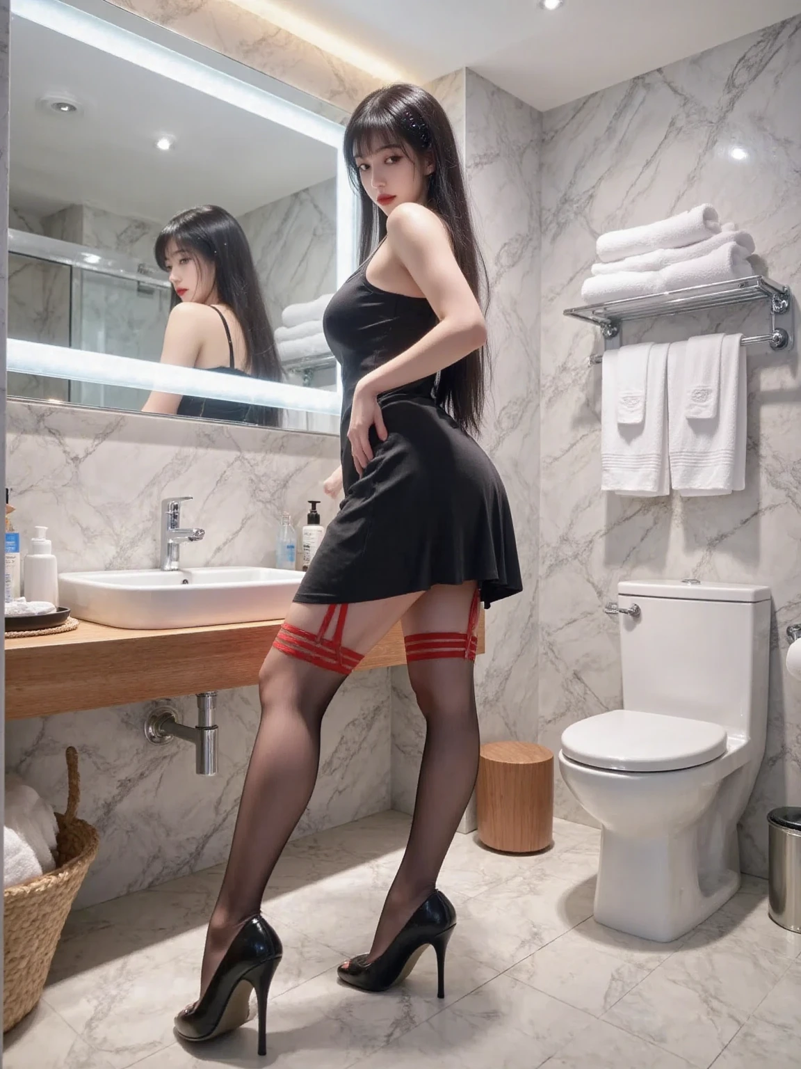  A young woman stands in a modern bathroom with a few white towels and a few bottles of toiletries on the 。She has long black hair，It falls softly on both sides of the shoulders。The woman is wearing a black sleeveless dress，The length of the skirt is to the middle of the thigh。She is wearing a pair of black stockings on her legs，The upper part of the stockings is decorated with red garters，It's very sexy。She is wearing a pair of black high heels，The heel is slender，Increased her height。
 The background of the bathroom is a light marble wall and floor ，Looks clean and tidy。 There is a white sink on the left ， There is a large mirror above the sink ， The mirror reflects the woman's back 。 wooden sink next to the sink。 There is a brown trash can on the right ， A white toilet next to the trash can 。The lighting of the whole scene is soft ， creates a comfortable and elegant atmosphere 