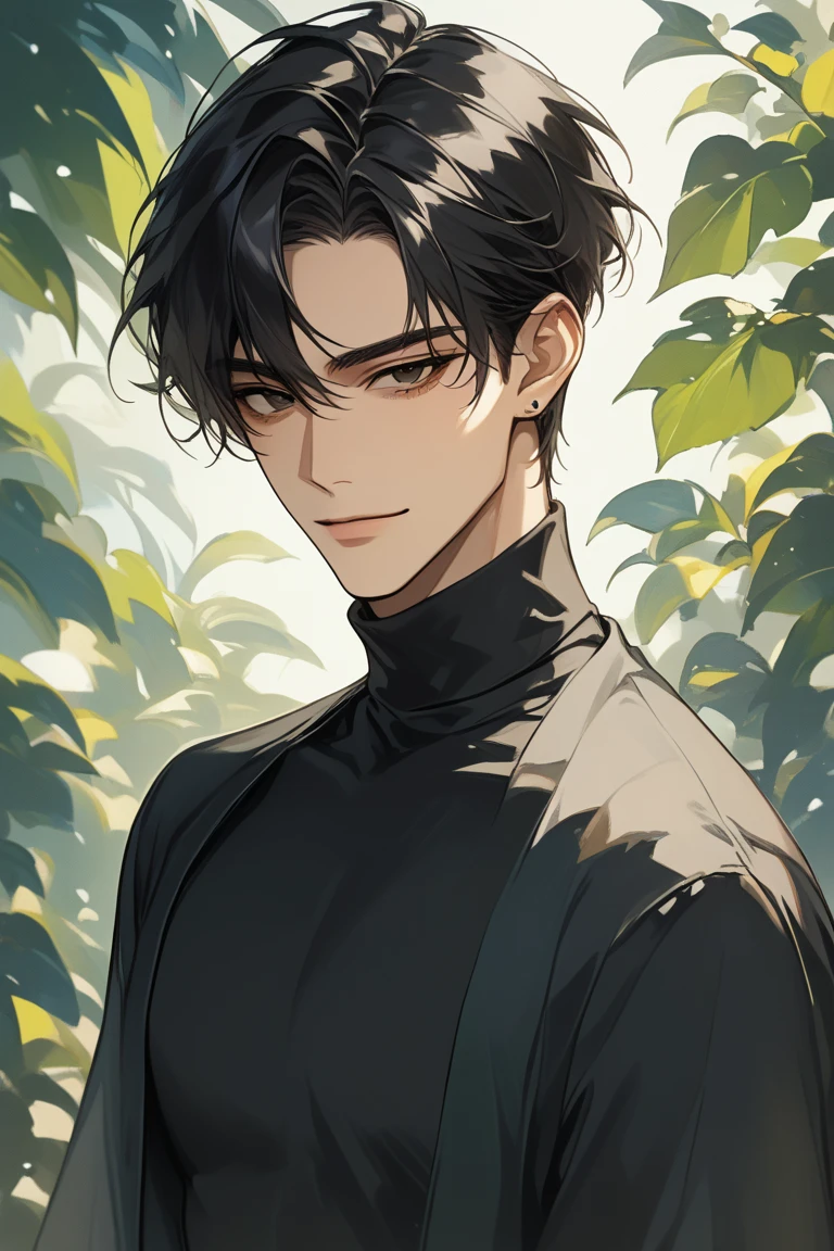 (score_9, score_8_up), medium hair, masterpiece, best quality, 1 man , black hair , perfect face , black eye , handsome male , Alone, adult male , delicate line drawingimpasto, masterpiece, high resolution, Top quality, unique , 1 male , nice , tanned skin , black haired, black turtleneck, smile, garden, broad shoulders, exercised body