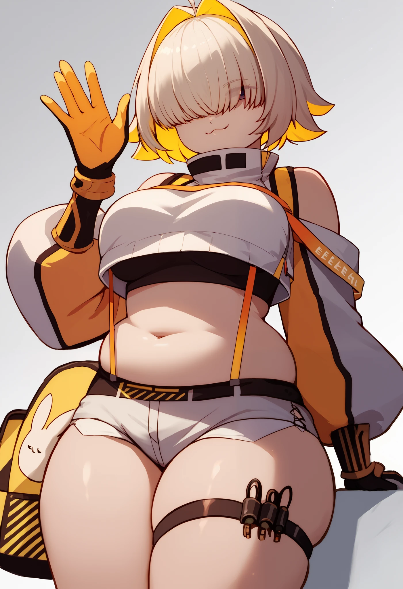 score_9, score_8_up, score_7_up, source_anime BREAK 1girl, solo, elegg, short hair, bangs, hair intakes, multicolored hair, hair over eyes, crop top, bare shoulders, long sleeves, suspenders, midriff, navel, short shorts, thigh strap, gloves, large breasts, looking at viewer, thick thighs, plump, standing, smug, waving
