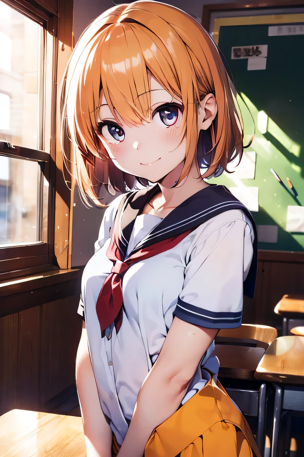 (extremely high quality artwork), (extremely detailed CG 8k), (masterpiece) ,(extremely cute girl), short, (innocent face), ((innocent smile)), shiny hair, (slim body), (small breasts), ((finely detailed beautiful eyes)), (eyes with brightness), look at viewer, arched back, ((nsfw)), ((school uniform)), (white sailor suit), under boob, no bra, (((lower body is completely naked))), (((no panties))), beautiful skin, pale skin, shiny skin, (bright color), vibrant colors, natural light, (glare), 
