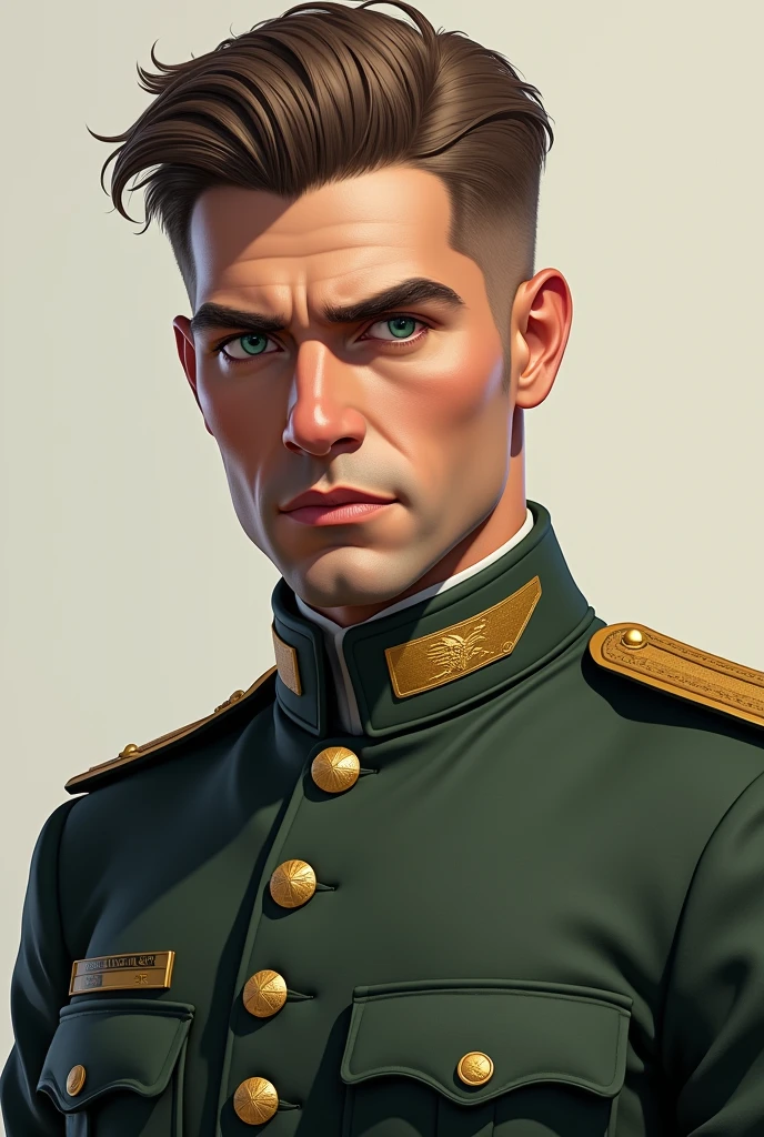 (masterpiece), (best quality), cinematic, photorealism, Rendering, realistic, Ultra Detailed, perfect face, portrait, chest up, young soldier, boy in WWII, WWII army uniform, front , looking ahead