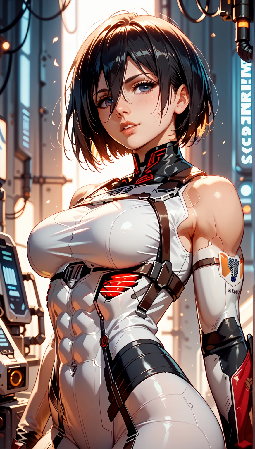 This is a CG Unity 8k wallpaper with ultra-detailed, high-resolution and top quality in cyberpunk style, dominated by black and red. In the picture, a beautiful girl with white messy short hair, a delicate face, wearing a steam mecha mask, standing on the ruins, behind her is a huge robot, and the action of a woman holding a heavy sniper rifle in her hand, --auto --s2