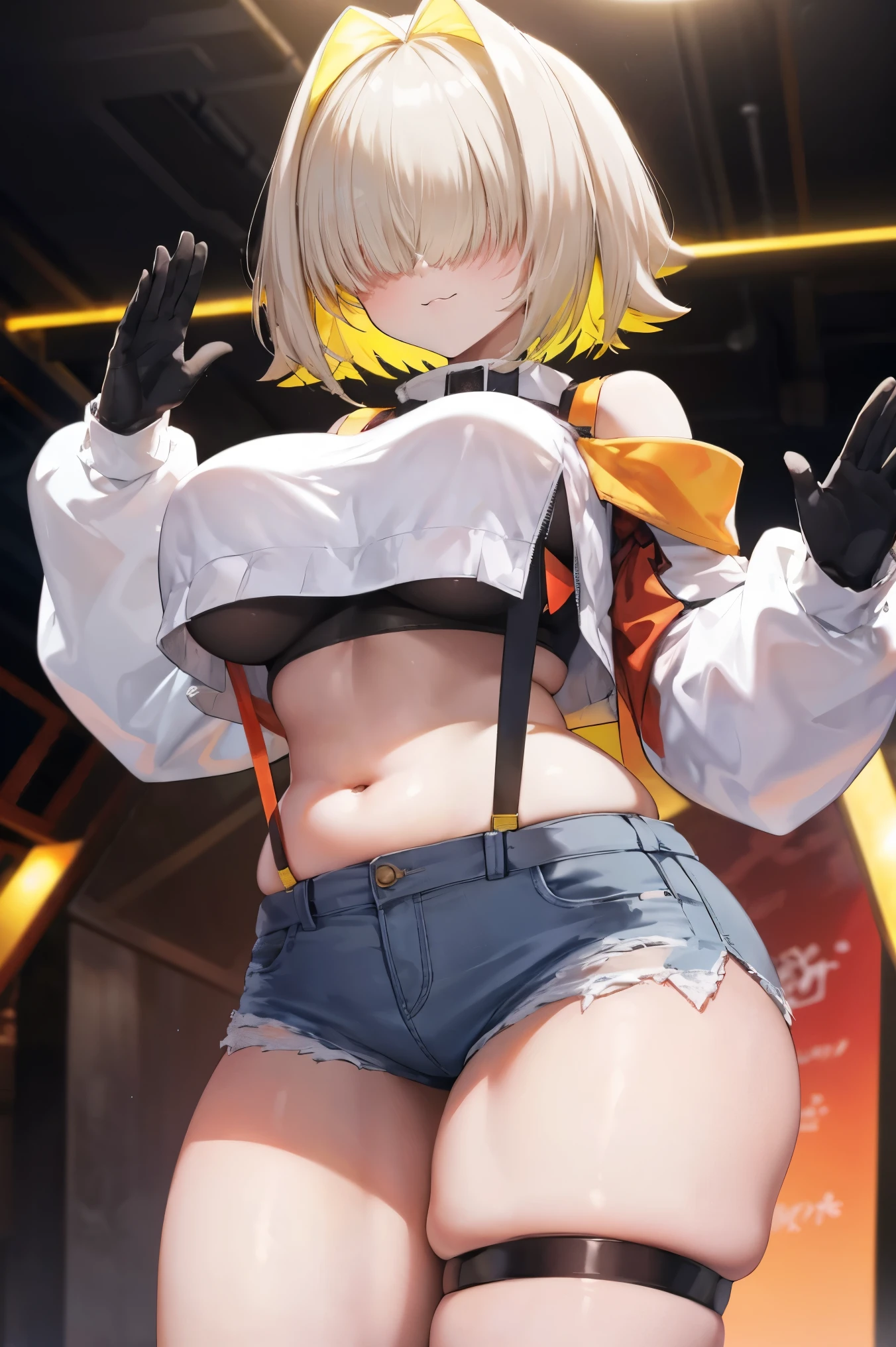 score_9, score_8_up, score_7_up, source_anime BREAK 1girl, solo, elegg, short hair, bangs, hair intakes, multicolored hair, hair over eyes, crop top, bare shoulders, long sleeves, suspenders, midriff, navel, short shorts, thigh strap, gloves, large breasts, looking at viewer, thick thighs, plump, standing, smug, waving
