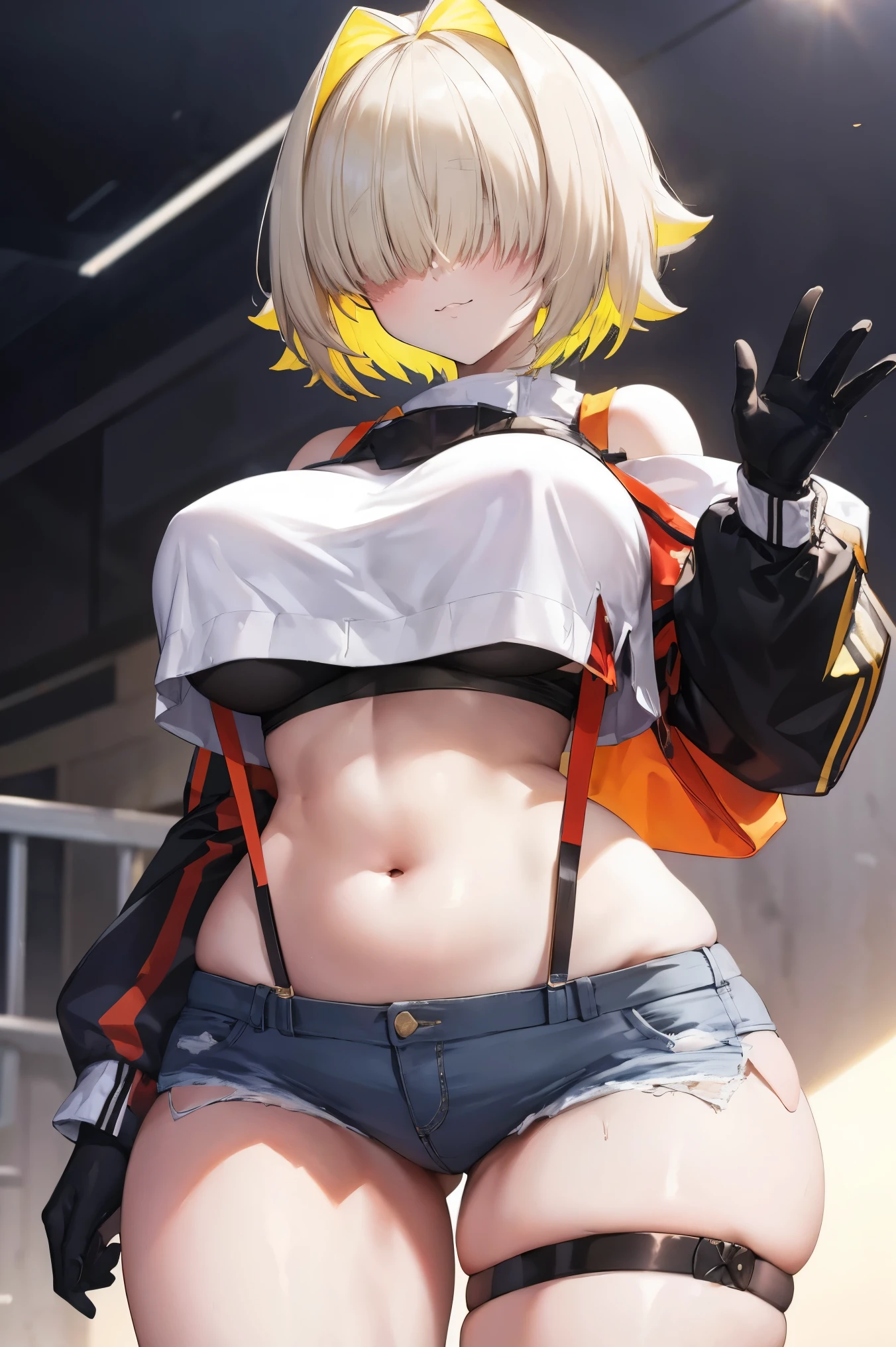 score_9, score_8_up, score_7_up, source_anime BREAK 1girl, solo, elegg, short hair, bangs, hair intakes, multicolored hair, hair over eyes, crop top, bare shoulders, long sleeves, suspenders, midriff, navel, short shorts, thigh strap, gloves, large breasts, looking at viewer, thick thighs, plump, standing, smug, waving
