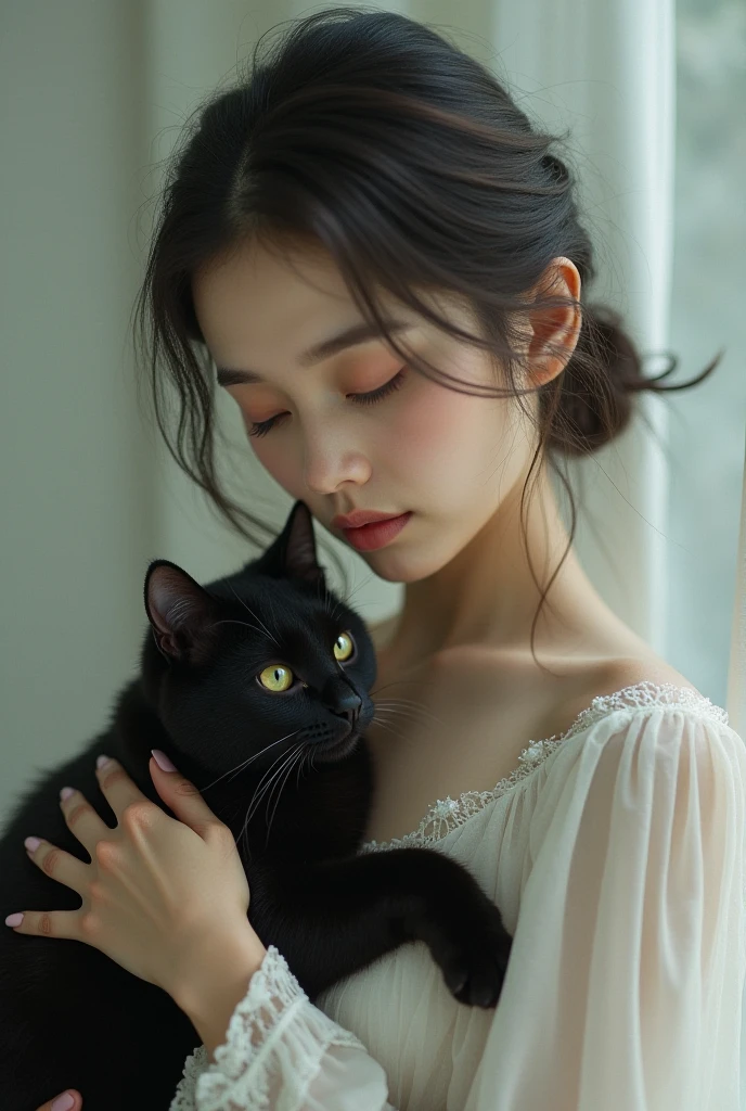Highest quality, masterpiece, Ultra-high resolution, (Realistically:1.5), RAW Photos, 1 cat, cute, In the light, Deep Shadow, low posture, Cold Light, Sexy Looks, Long Hair