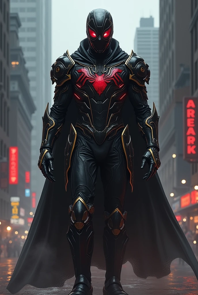 You are a fantasy painter and an expert comic book artist, but very realistic, generate for me an image of the fusion of The Black Knight, an Avenger and Spiderman