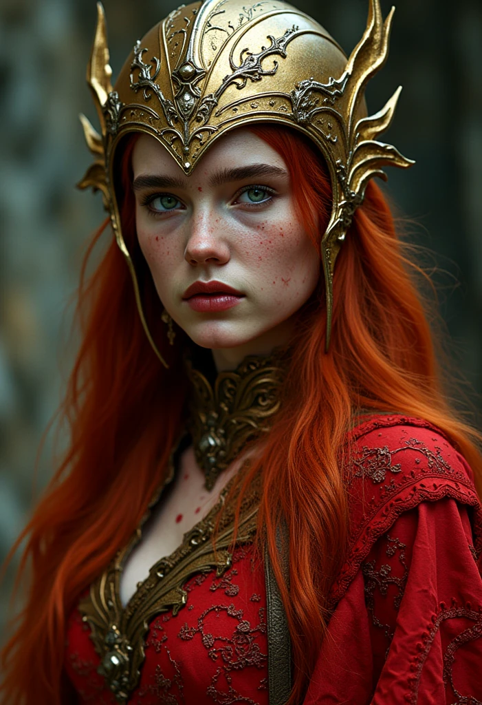 A captivating and haunting image of MaleniaNorm, her battle-worn beauty and unyielding grace captured in stunning detail. Her skin is a pale, almost ethereal tone, marked with faint scars and the wear of countless battles. Her long, fiery red hair cascades around her, contrasting sharply with her golden helm and armor, adorned with intricate thorn-like designs. She stands dressed in her iconic, tattered crimson and gold attire, the fabric and metal telling a tale of endless conflict and resilience. Her ghostly, determined eyes pierce through the scene, exuding both strength and sorrow. The high-quality rendering captures every detail of Malenia’s enigmatic and fearsome presence, drawing viewers into the dark, enchanted world of the Lands Between, where beauty and brutality coexist in a mesmerizing dance. 