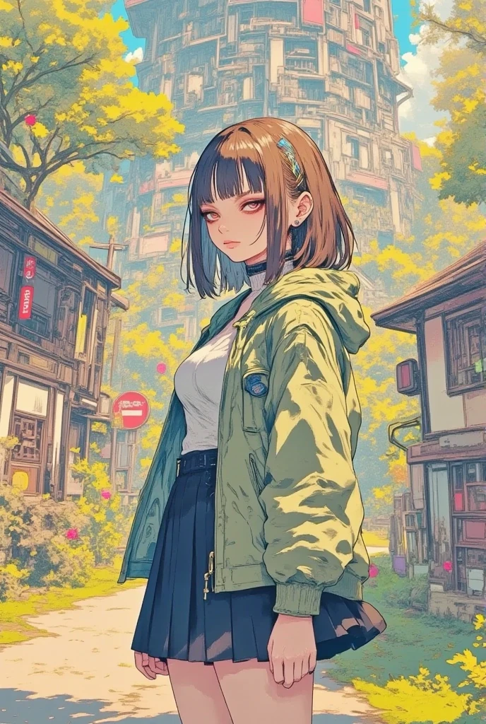 masterpiece, solo, kawaii anime, 1girl, she is a student with skirt, full body, panorama, brown hair, long hair, hoodie, high contrast, , detailed illustration, long eyelashes, best quality, sunny , anime background, dramatic portrait, country road, narure, bright image,