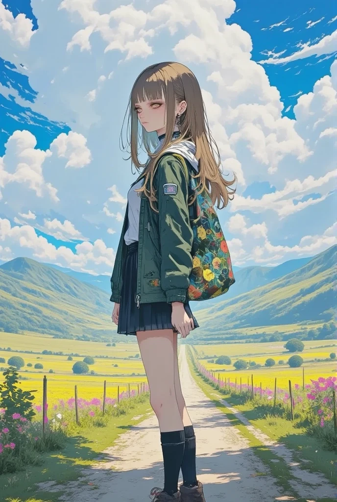 masterpiece, solo, kawaii anime, 1girl, she is a student with skirt, full body, panorama, brown hair, long hair, hoodie, high contrast, , detailed illustration, long eyelashes, best quality, sunny , anime background, dramatic portrait, country road, narure, bright image,