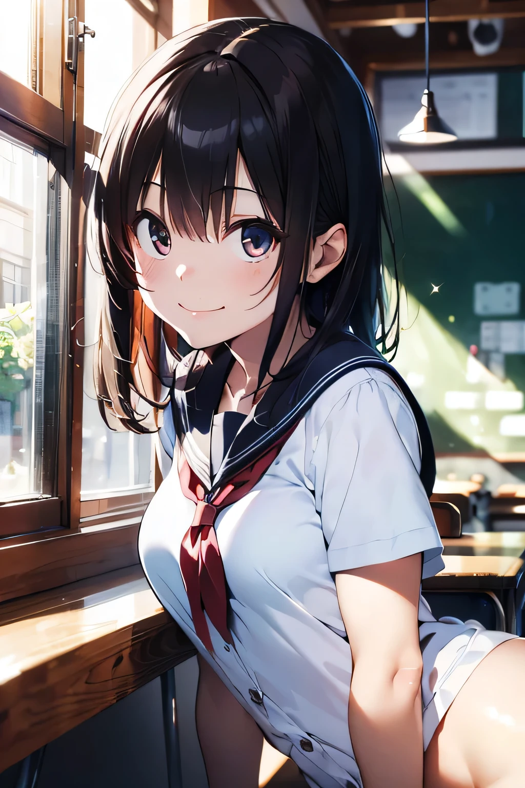 (extremely high quality artwork), (extremely detailed CG 8k), (masterpiece) ,(extremely cute girl), short, (innocent face), ((innocent smile)), shiny hair, (slim body), (small breasts), ((finely detailed beautiful eyes)), (eyes with brightness), look at viewer, arched back, ((nsfw)), ((school uniform)), (white sailor suit), under boob, no bra, (((lower body is completely naked))), (((no panties))), beautiful skin, pale skin, shiny skin, (bright color), vibrant colors, natural light, (glare), 
