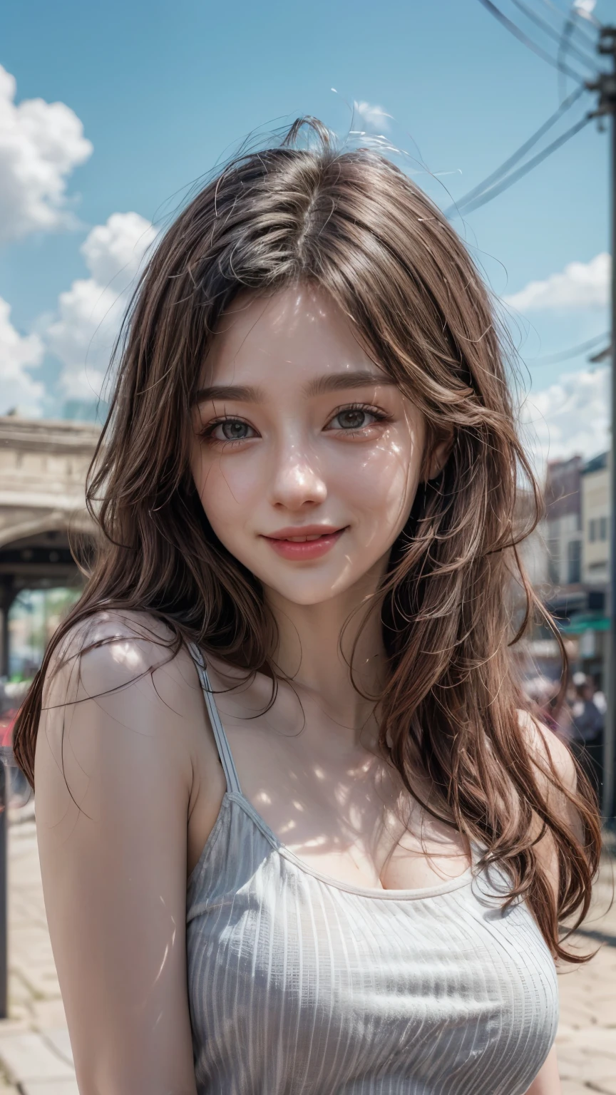 (8k, highest quality, masterpiece:1.2), (Realistic, photo-Realistic:1.37), Very detailed, 1 girl,cute, alone,Beautifully detailed skies,Date,(Red nose),(smile:1.15),(Mouth closed) Small breasts,Beautiful fine details, (Long Hair:1.2),Floating Hair NovaFrogStyle, Upper Body, Tank top