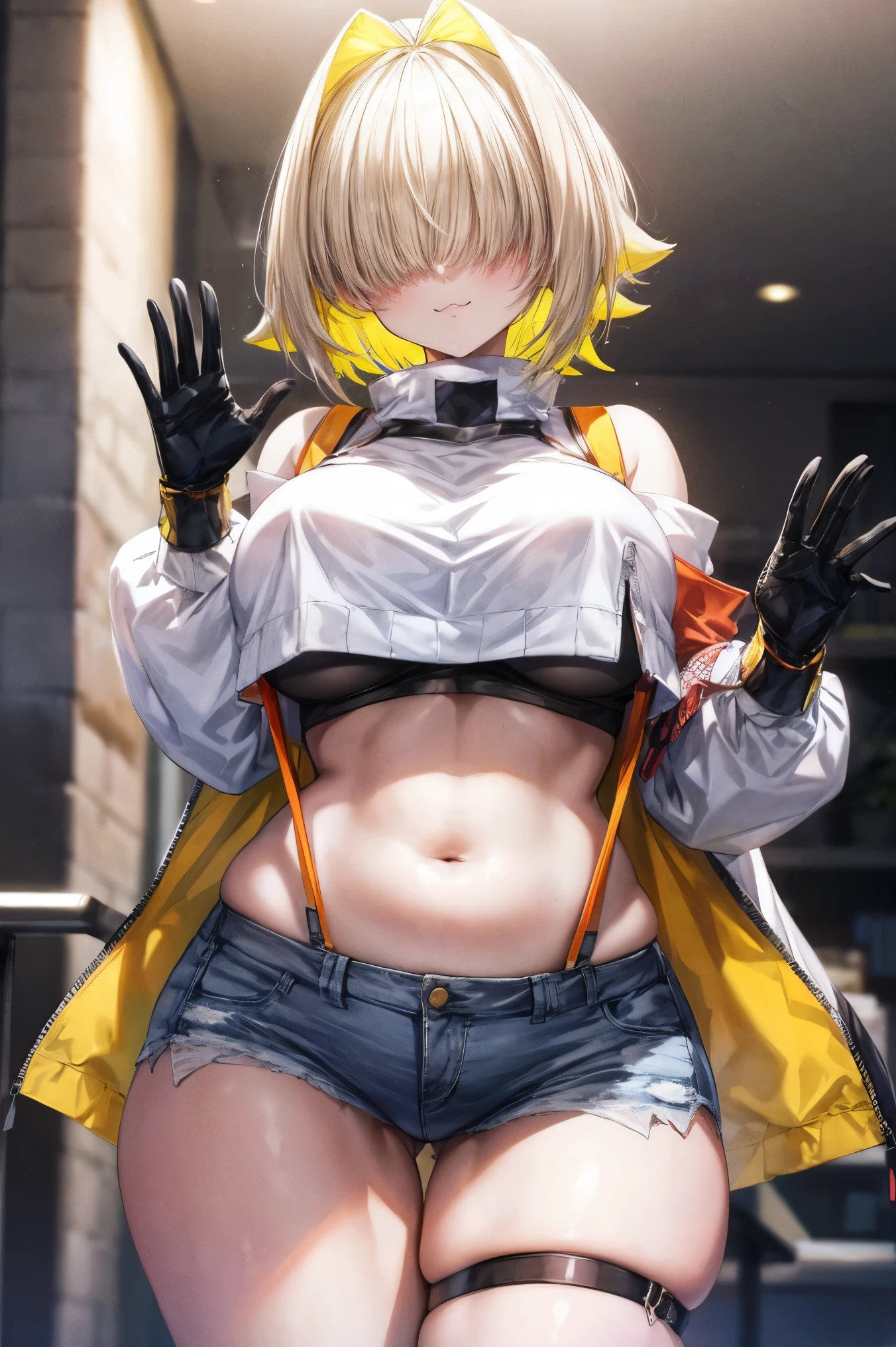 score_9, score_8_up, score_7_up, source_anime BREAK 1girl, solo, elegg, short hair, bangs, hair intakes, multicolored hair, hair over eyes, crop top, bare shoulders, long sleeves, suspenders, midriff, navel, short shorts, thigh strap, multicolored_gloves, large breasts, looking at viewer, thick thighs, plump, standing, smug, waving
